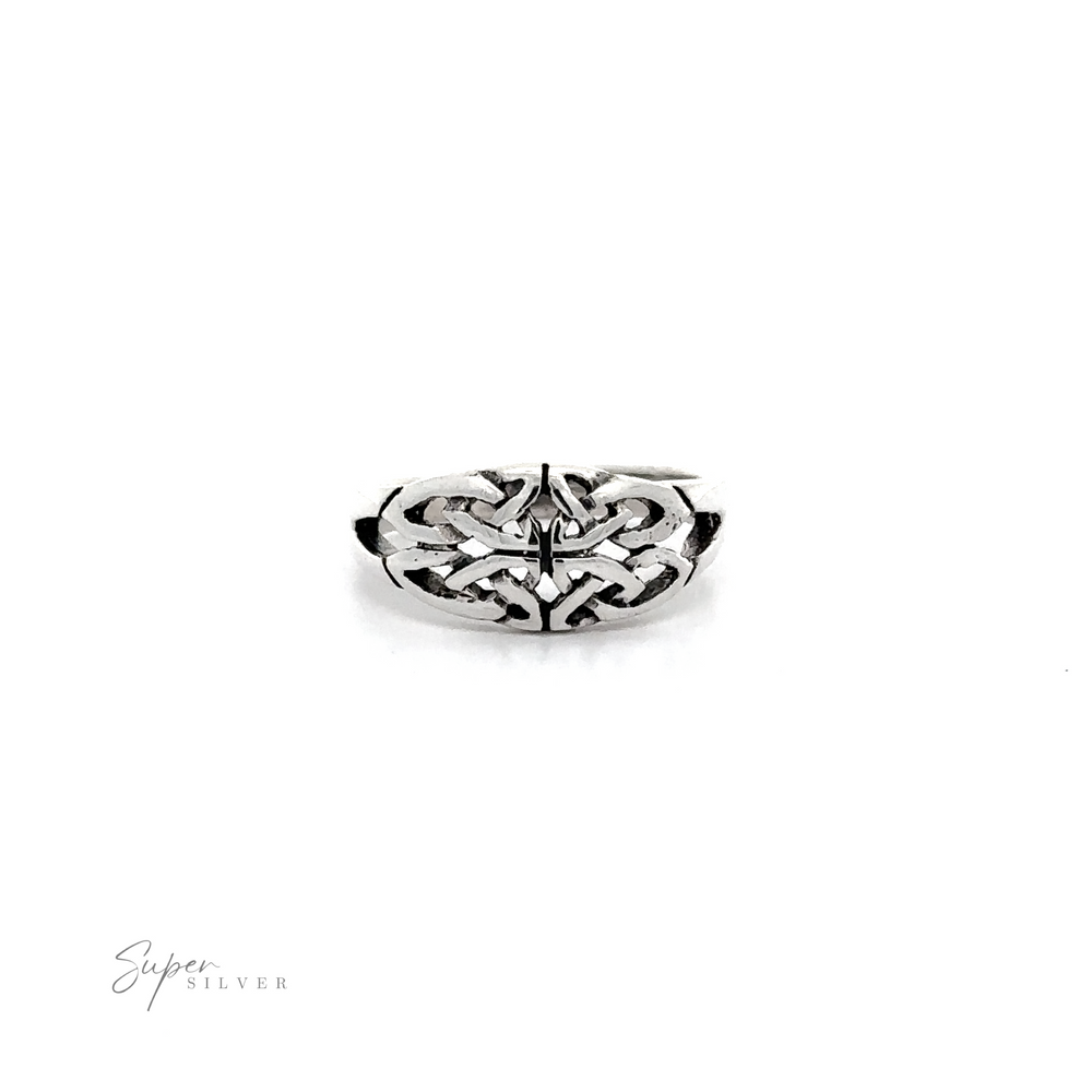 A Celtic Knot Ring with Cutouts made of .925 Sterling Silver, featuring an ornate design and a simple yet elegant look.