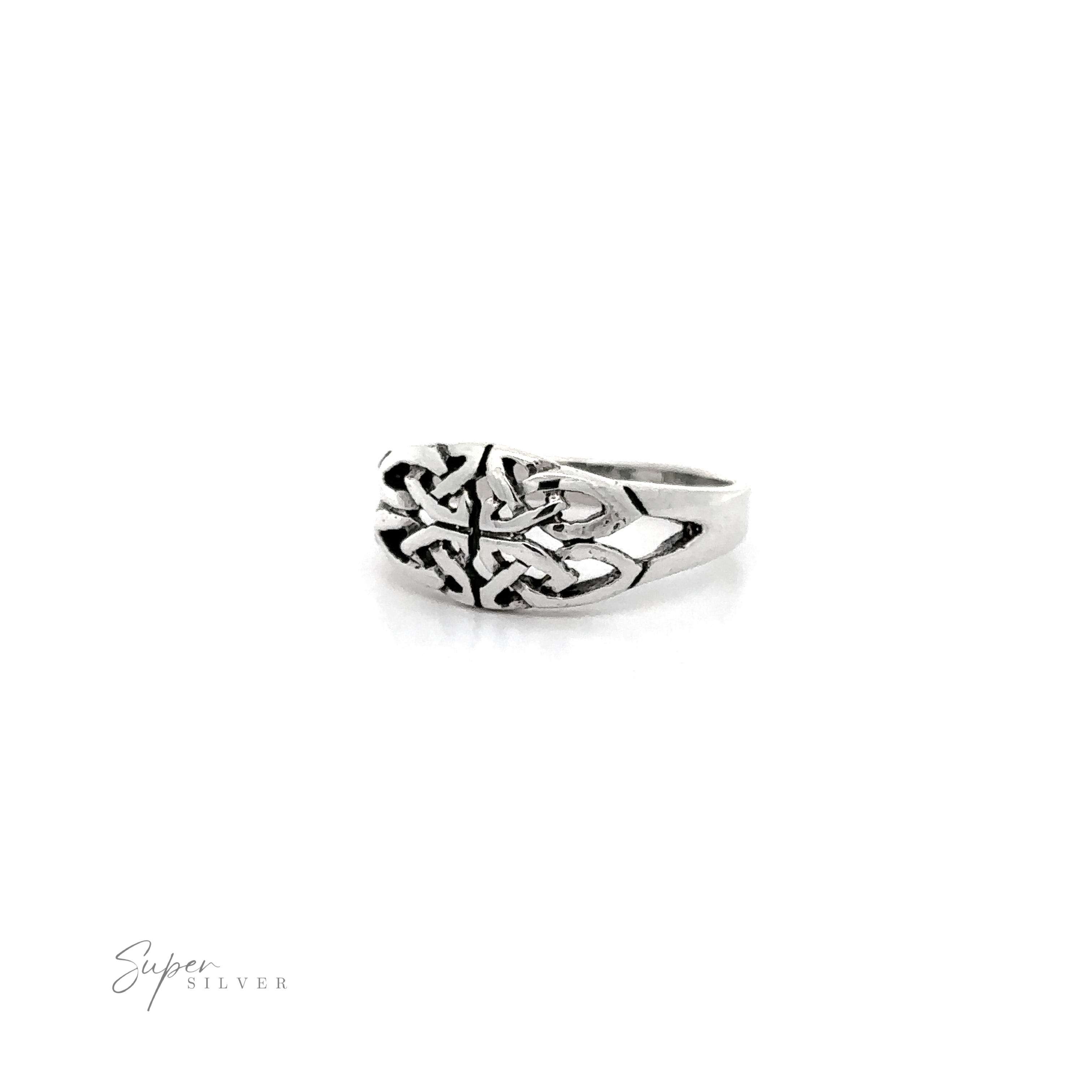 A .925 Sterling Silver Celtic Knot Ring with Cutouts with an intricate design.