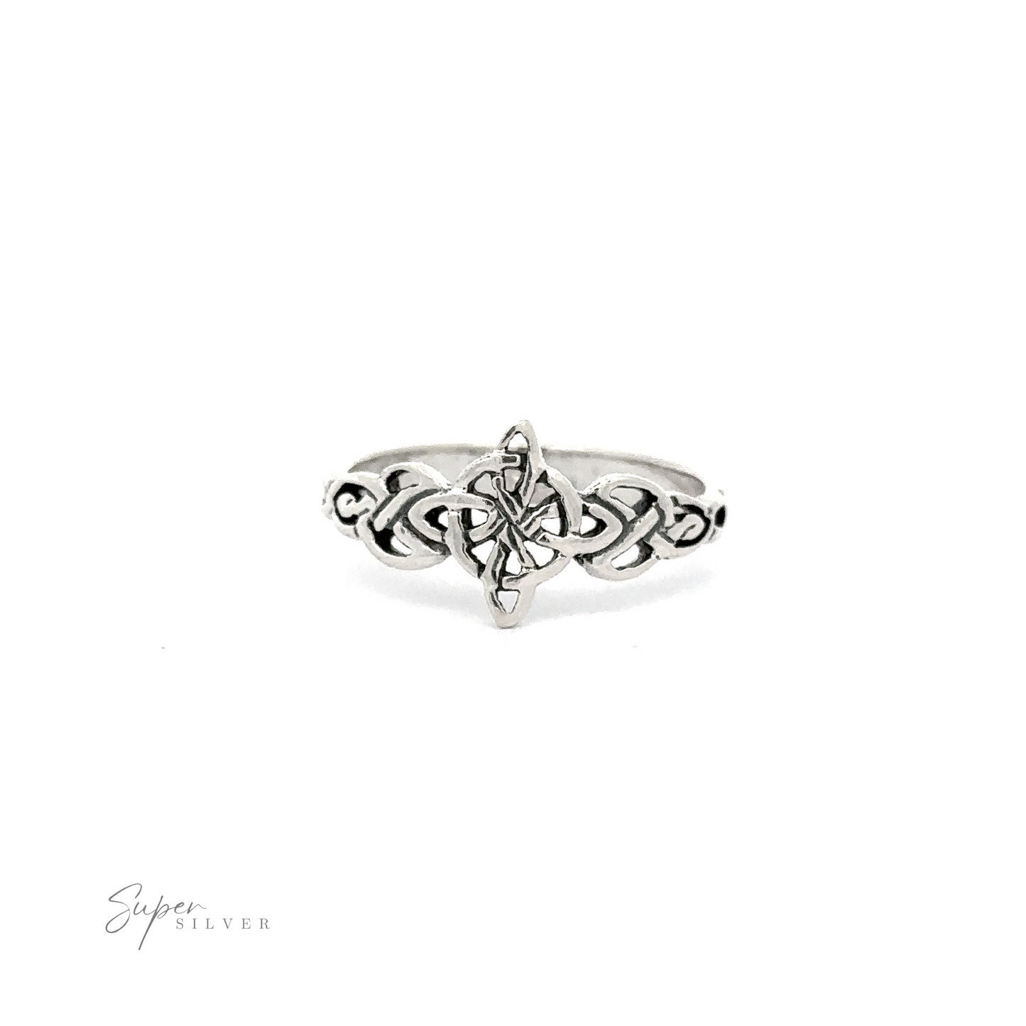 A Four Pointed Celtic Knot Ring, symbolizing timeless beauty and rich heritage, crafted in sterling silver with an ornate design.