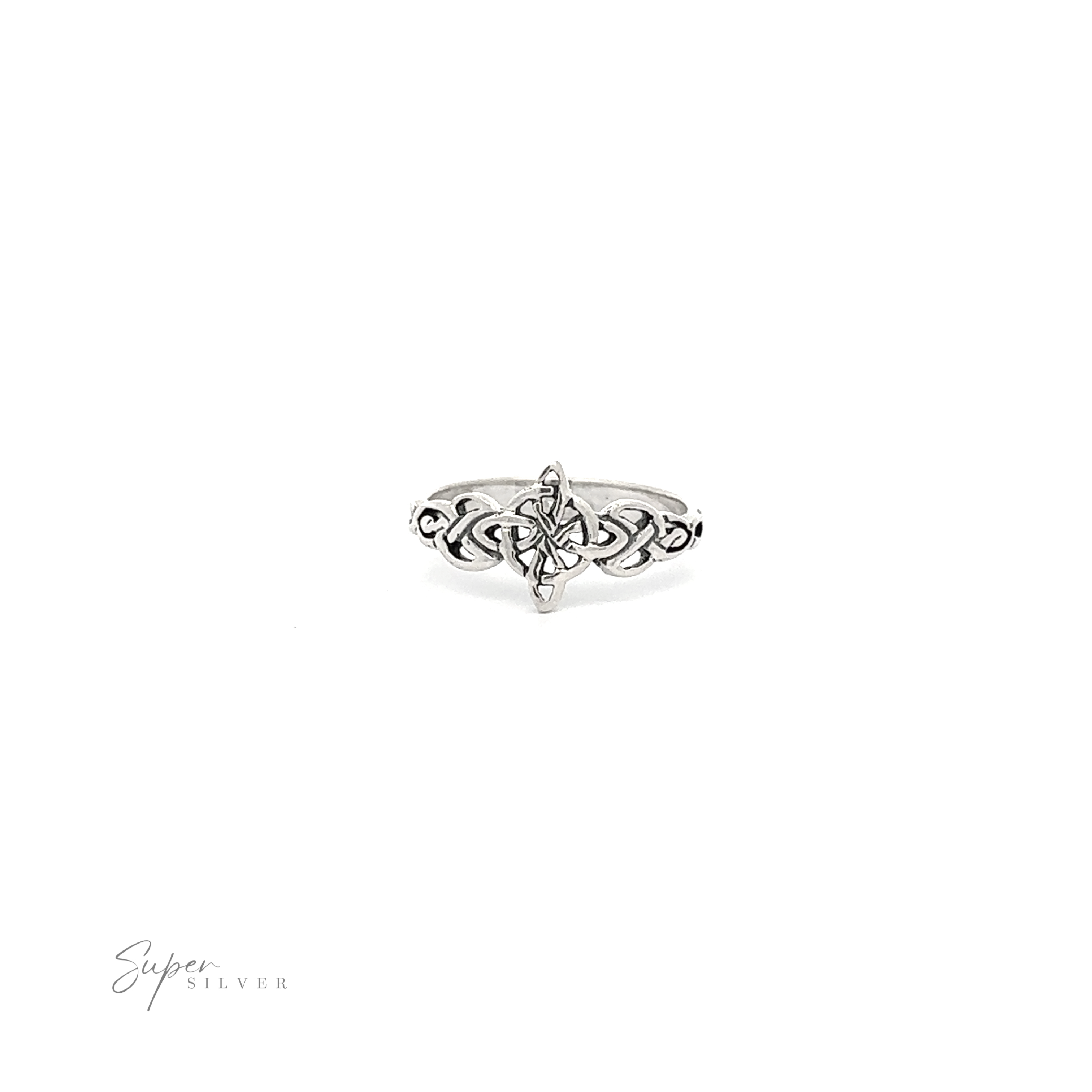 A Four Pointed Celtic Knot Ring with an ornate design, symbolizing timeless beauty and rich heritage.
