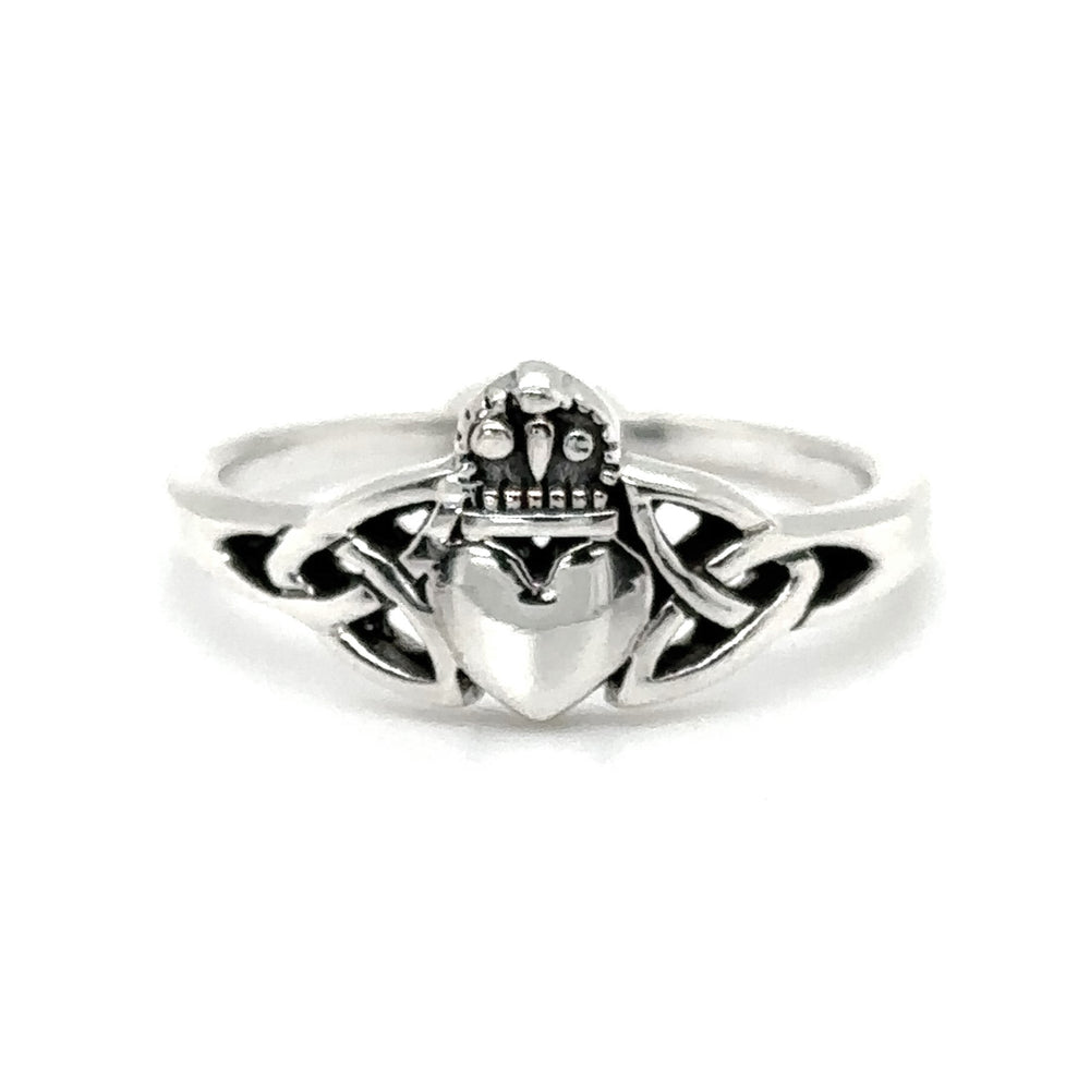 This Celtic Knot Claddagh Ring embodies Irish culture with an intricate Celtic knot design and a heart centerpiece.