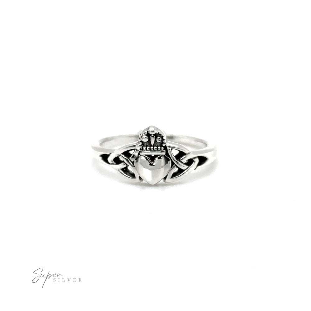 
                  
                    A Celtic Knot Claddagh Ring crafted from .925 Sterling Silver, celebrating Irish culture, with a heart symbol prominently displayed.
                  
                