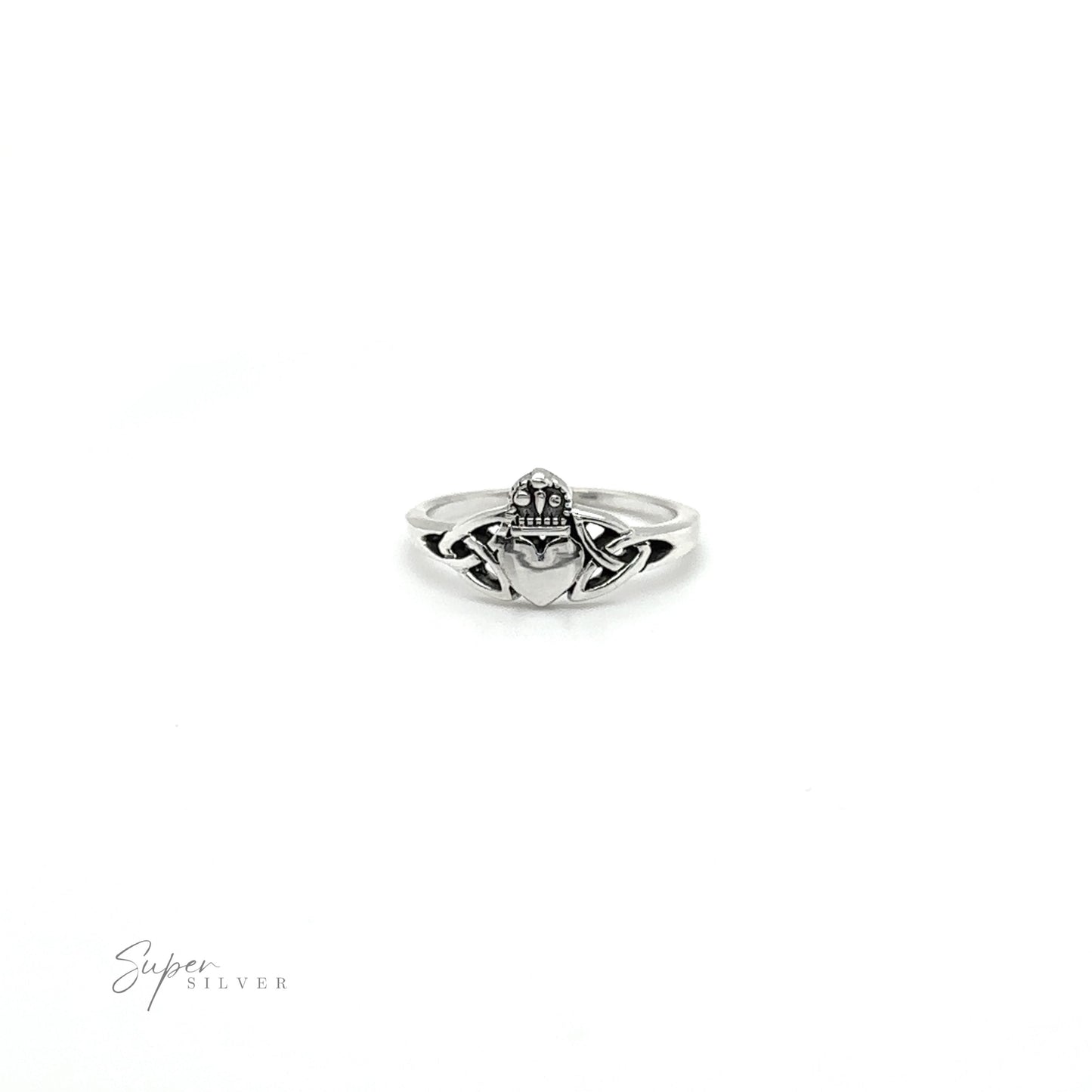 
                  
                    An intricately designed Celtic Knot Claddagh Ring made of .925 Sterling Silver, representing Irish culture, on a clean white background.
                  
                