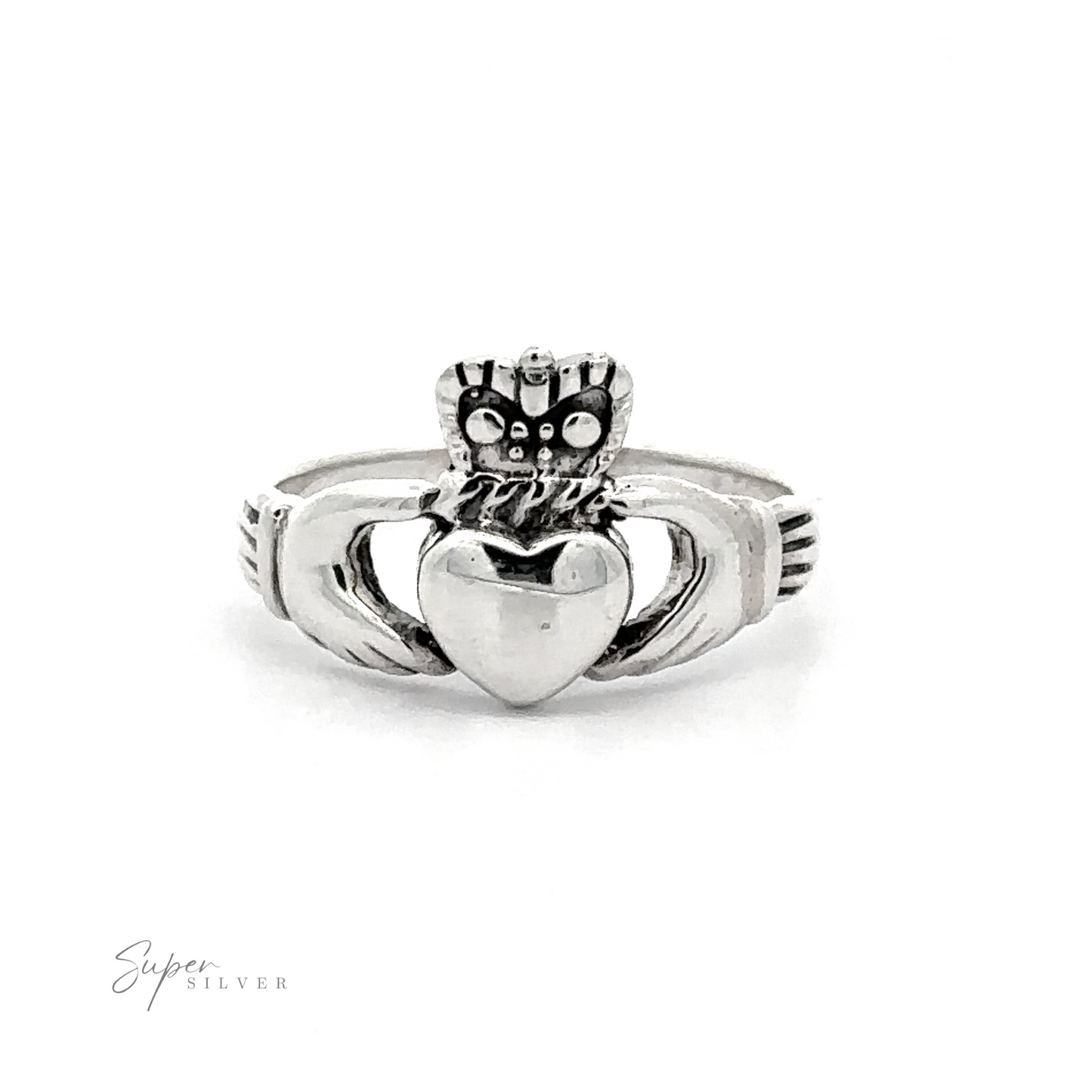 Silver Claddagh Ring featuring a heart held by two hands with a crown on top, displayed against a white background.
