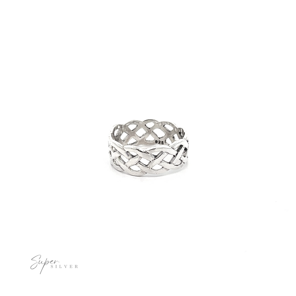 
                  
                    Wide Silver Woven Celtic Knot Band displayed on a white background with the text "super silver" in elegant cursive script.
                  
                