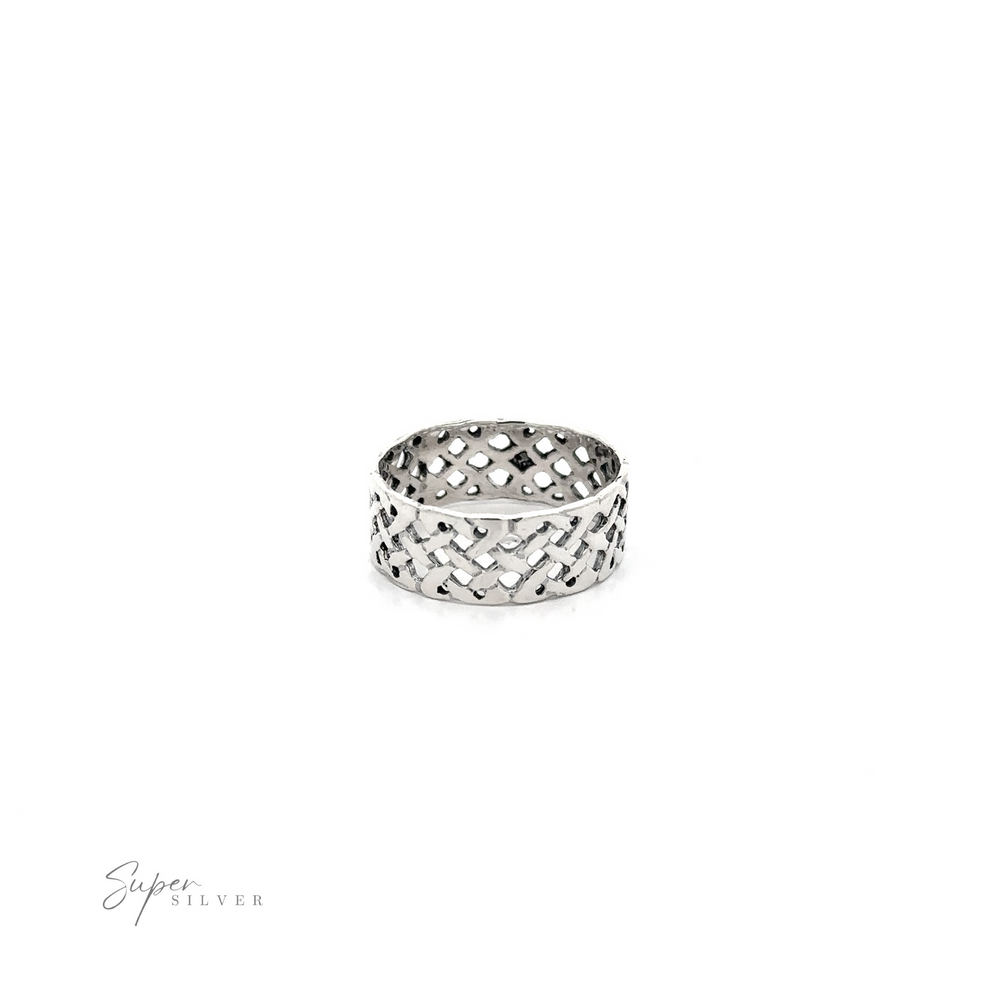 
                  
                    Silver Celtic Band Ring with a Celtic Weave Band pattern cut-out design on a white background, symbolizing commitment.
                  
                