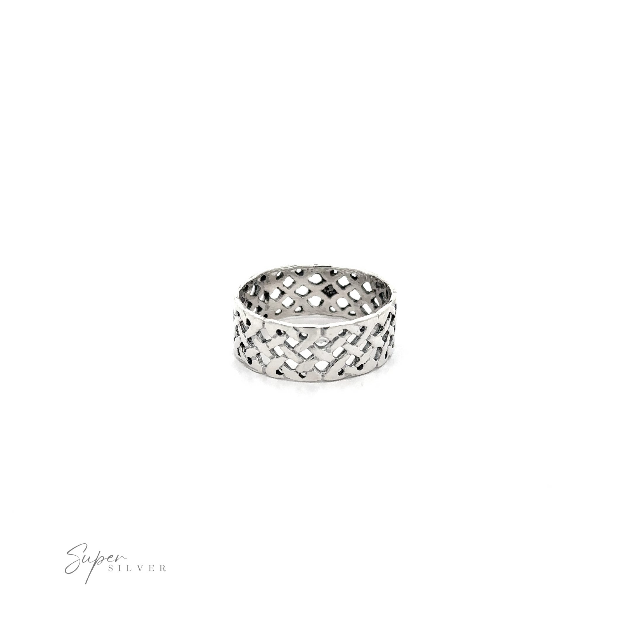 Silver Celtic Band Ring with a Celtic Weave Band pattern cut-out design on a white background, symbolizing commitment.