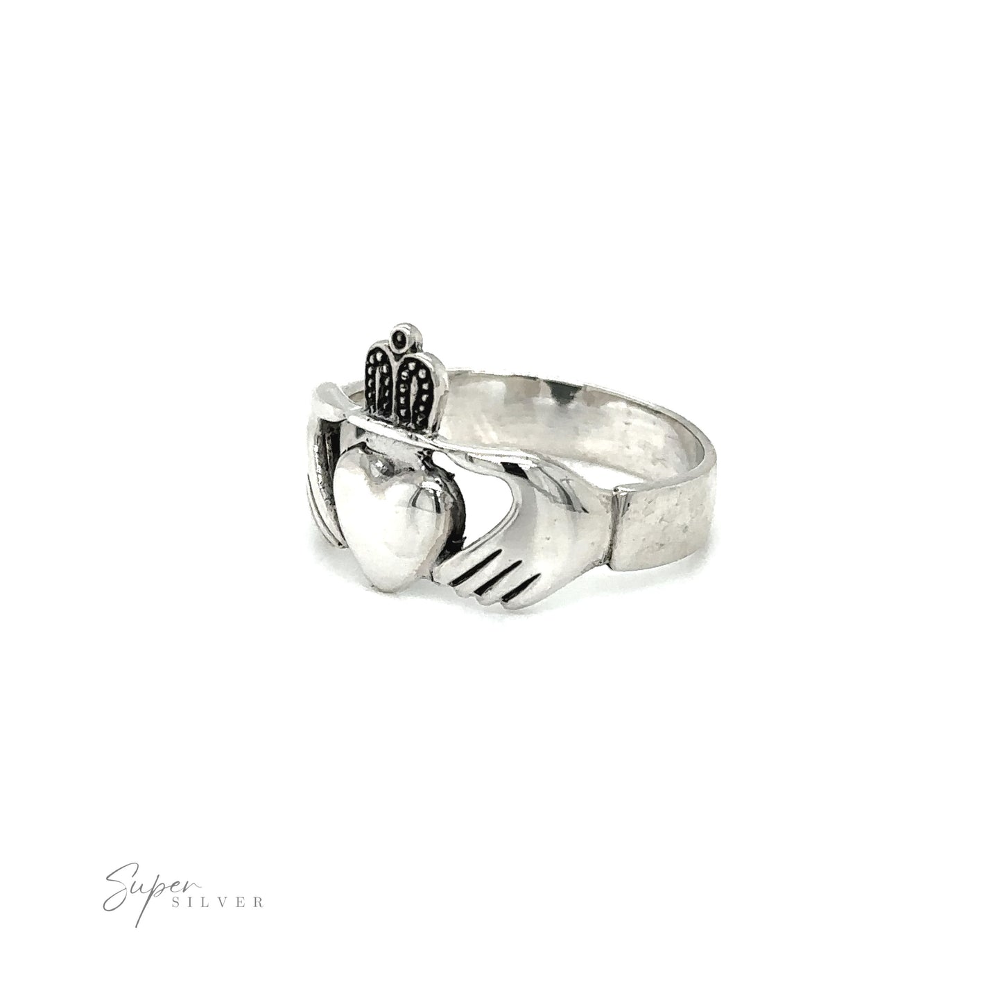 
                  
                    A silver Thick Claddagh ring symbolizing love and loyalty, featuring a heart design.
                  
                