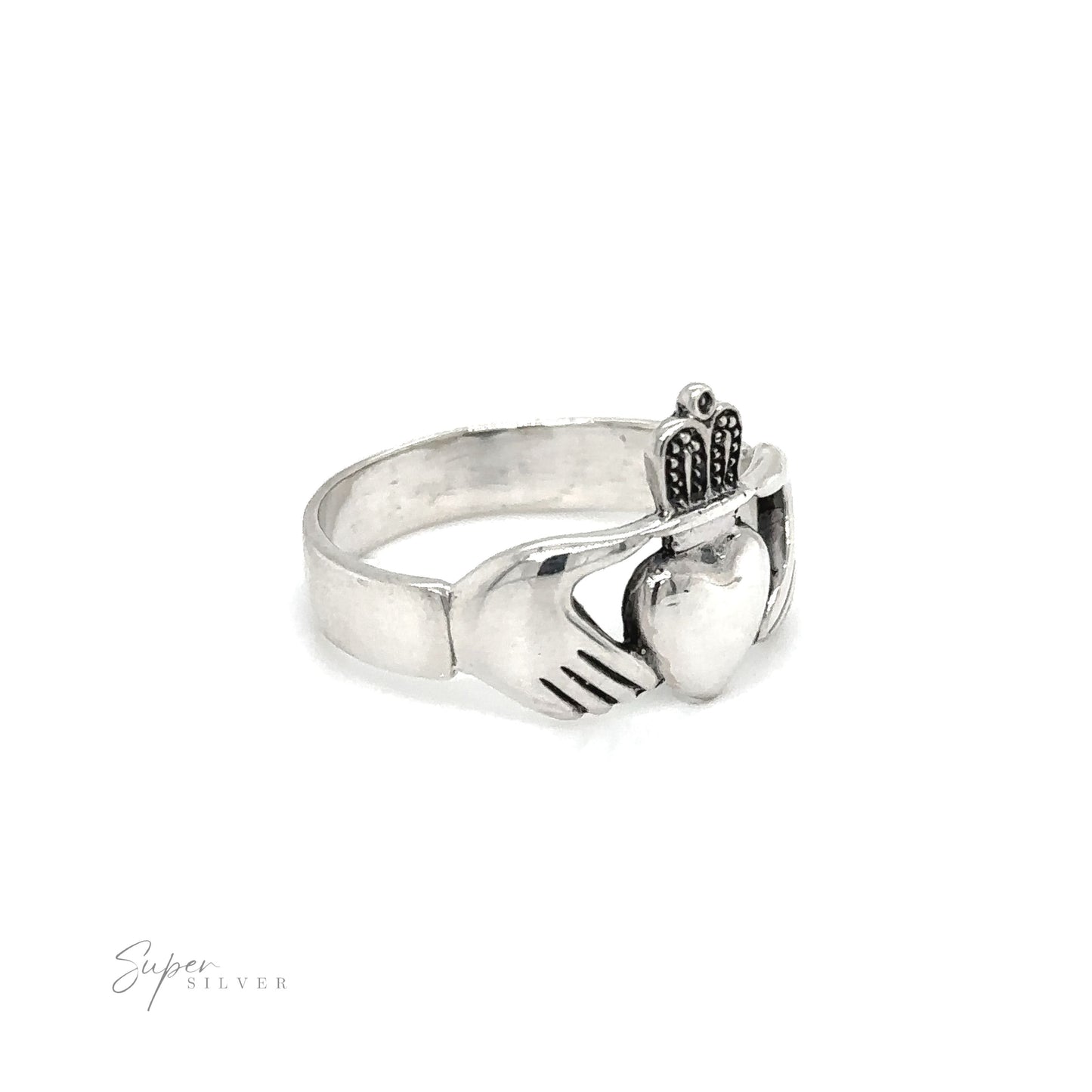 
                  
                    A silver Thick Claddagh ring featuring a crown and heart, symbolizing love and loyalty.
                  
                