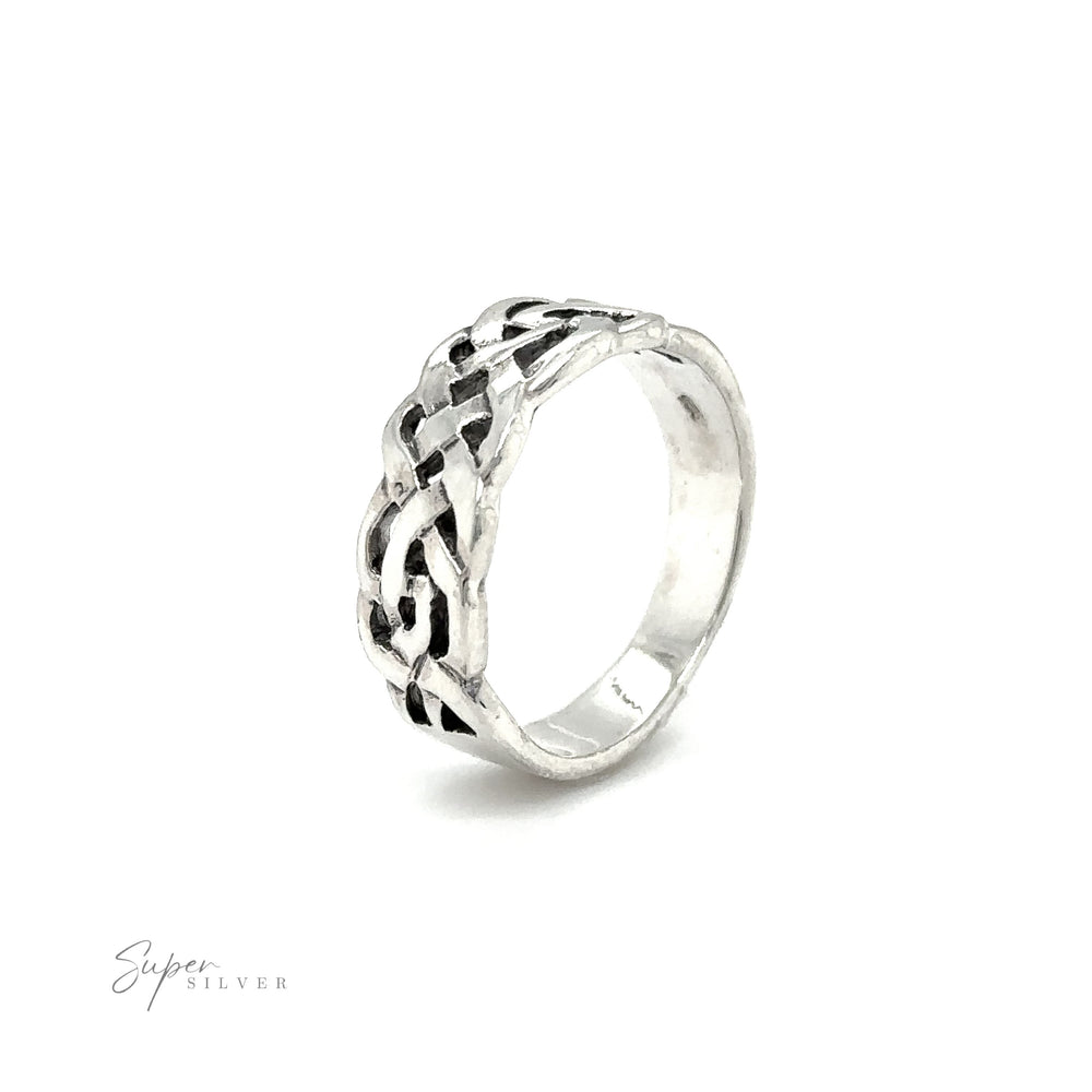An elegant sterling silver Thick Celtic Weave Band ring, exuding unwavering strength with its timeless celtic weave band design.