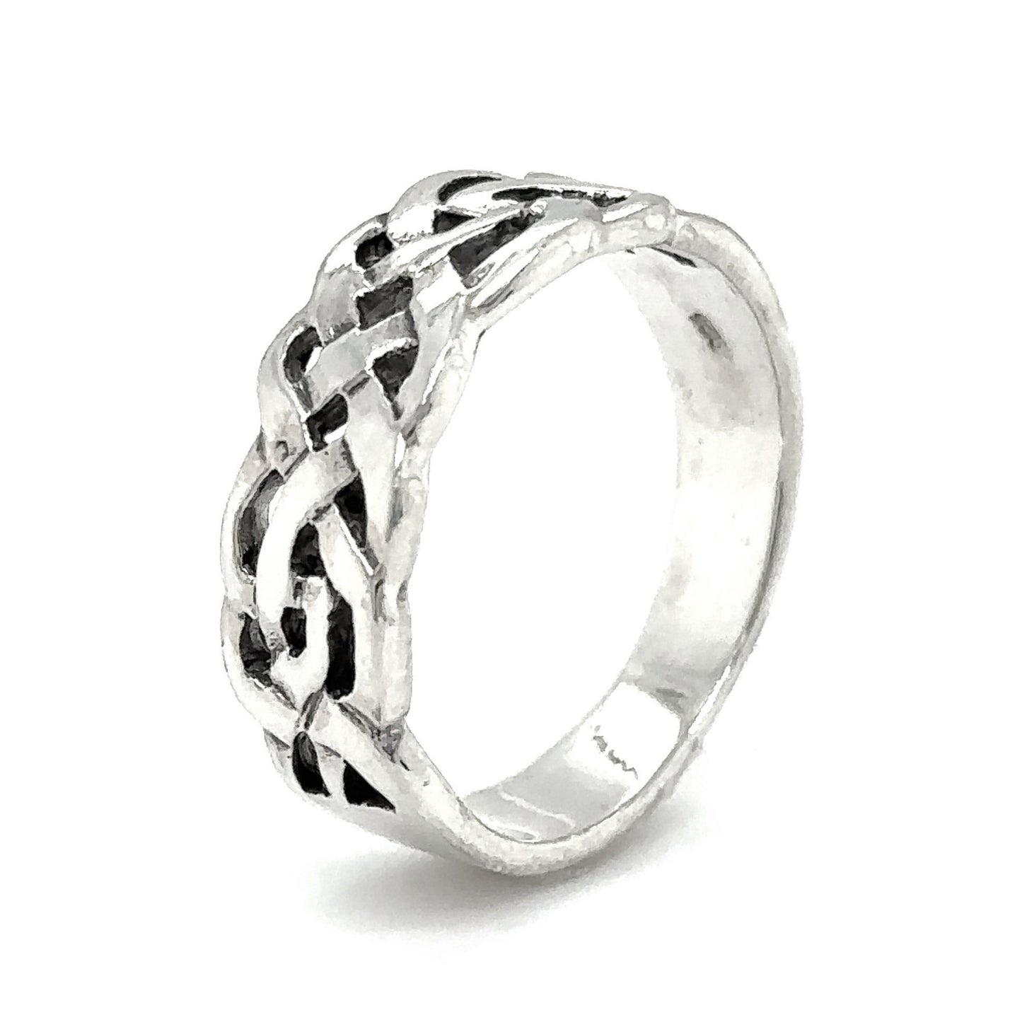 An elegant sterling silver Thick Celtic Weave Band, symbolizing strength with its knot design.