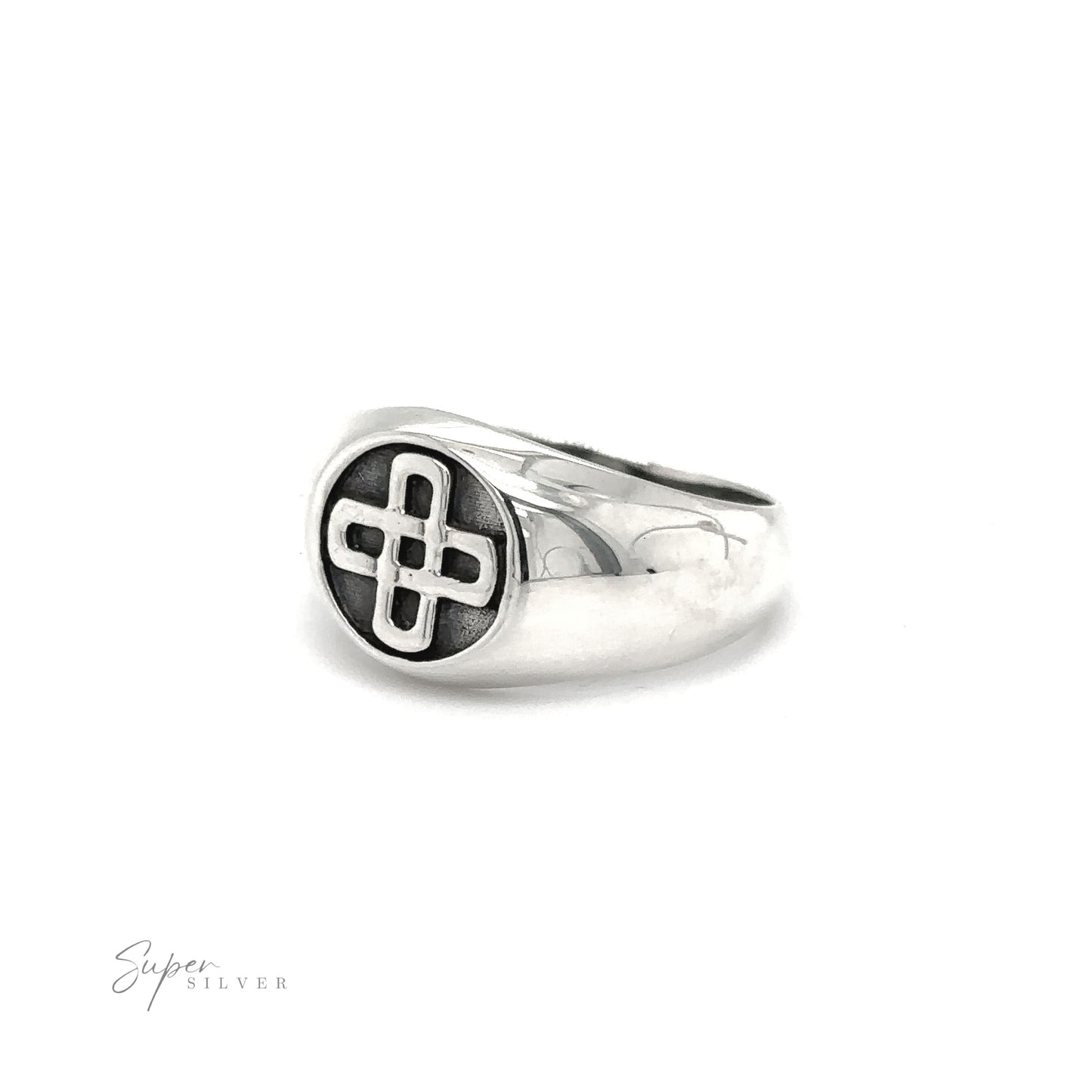 
                  
                    A bold and striking Celtic Solomon's Knot Signet Ring with a cross on it, embodying an enigma.
                  
                