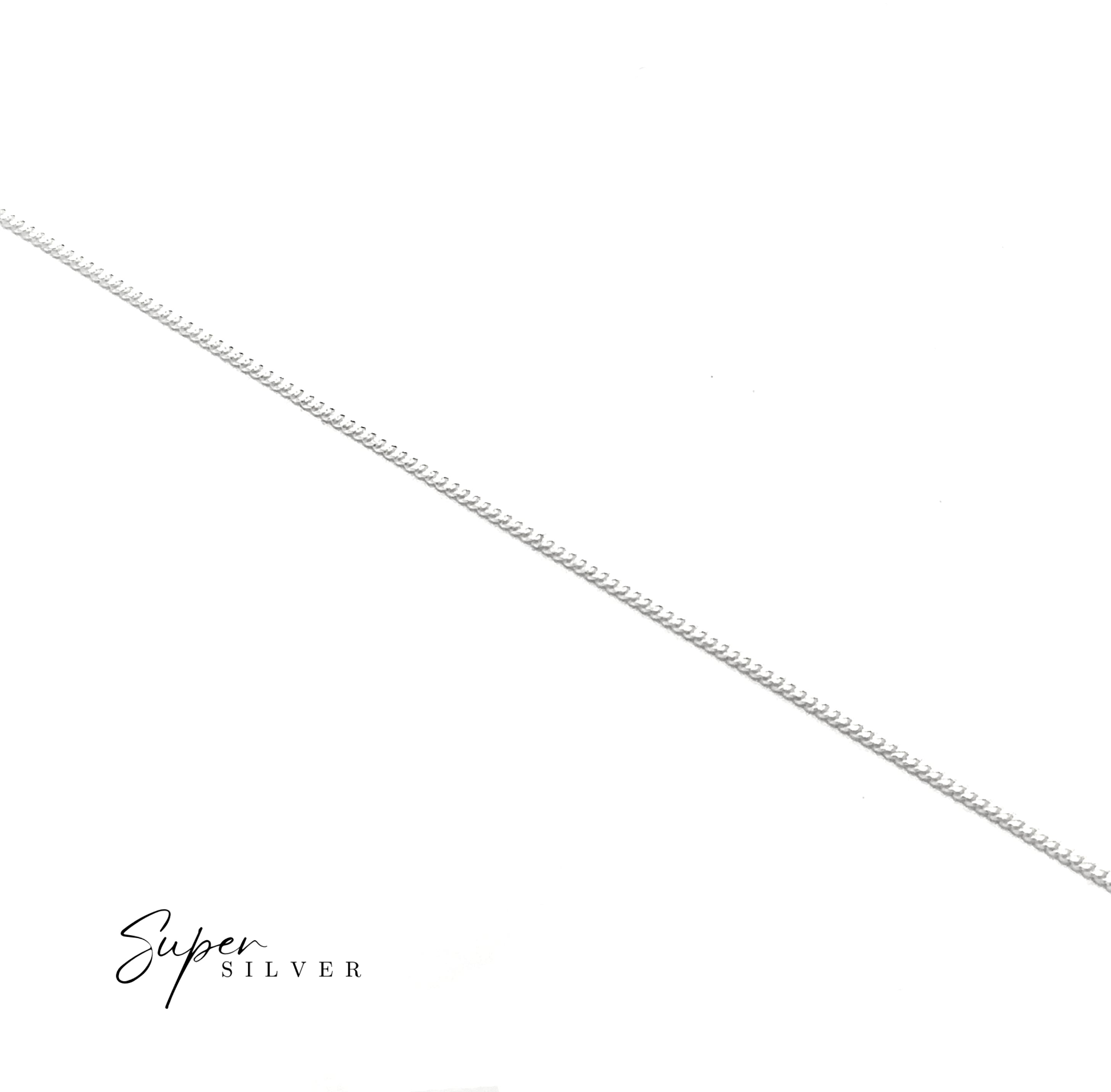 The Dainty Italian Curb Chain in sterling silver is shown diagonally on a white background, featuring the "Super Silver" logo in the lower left corner.