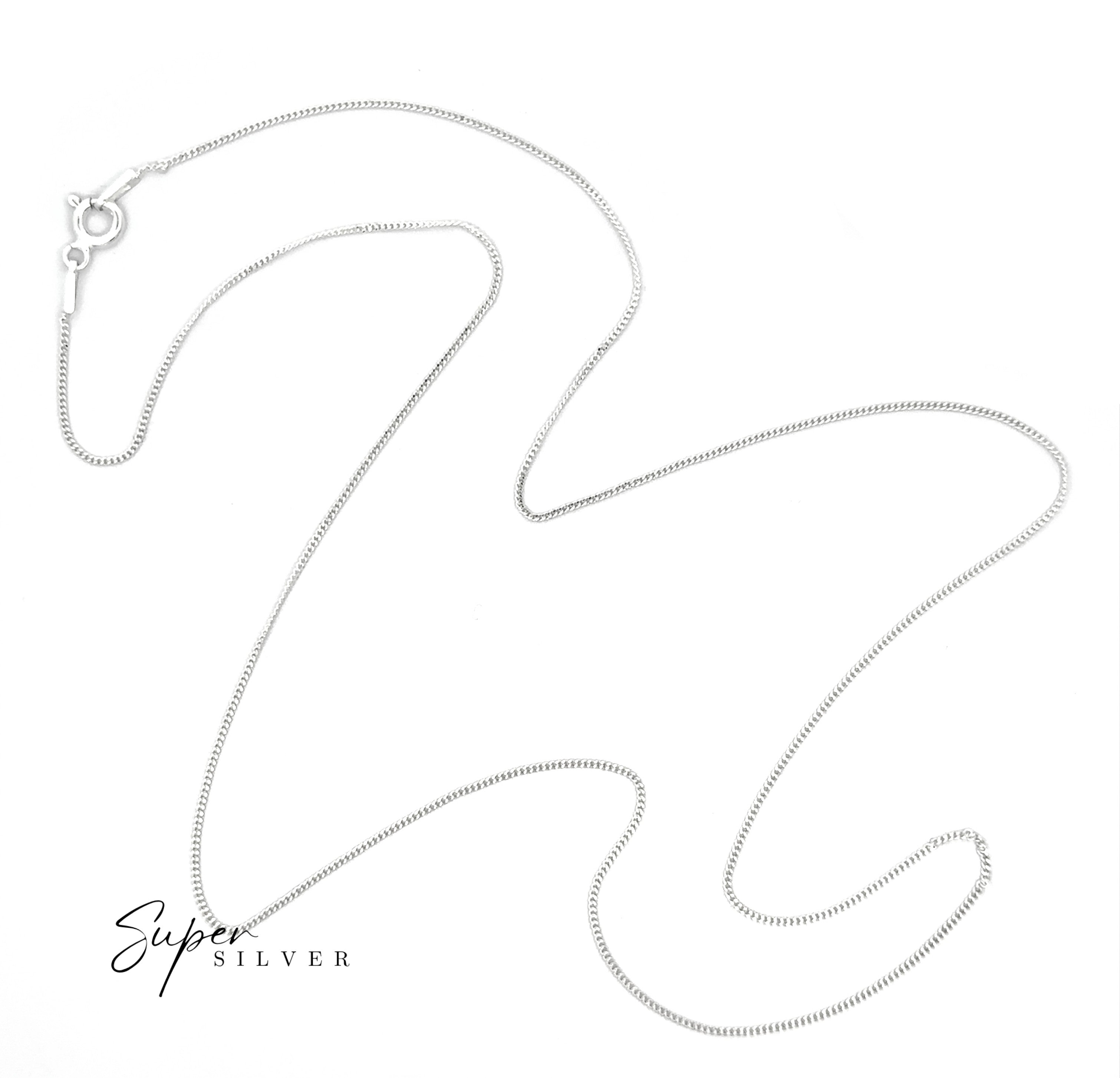 The Dainty Italian Curb Chain, crafted from sterling silver and secured with a lobster clasp, is ideal for layering. Shown on a white background, the "Super Silver" logo appears in the lower left corner.