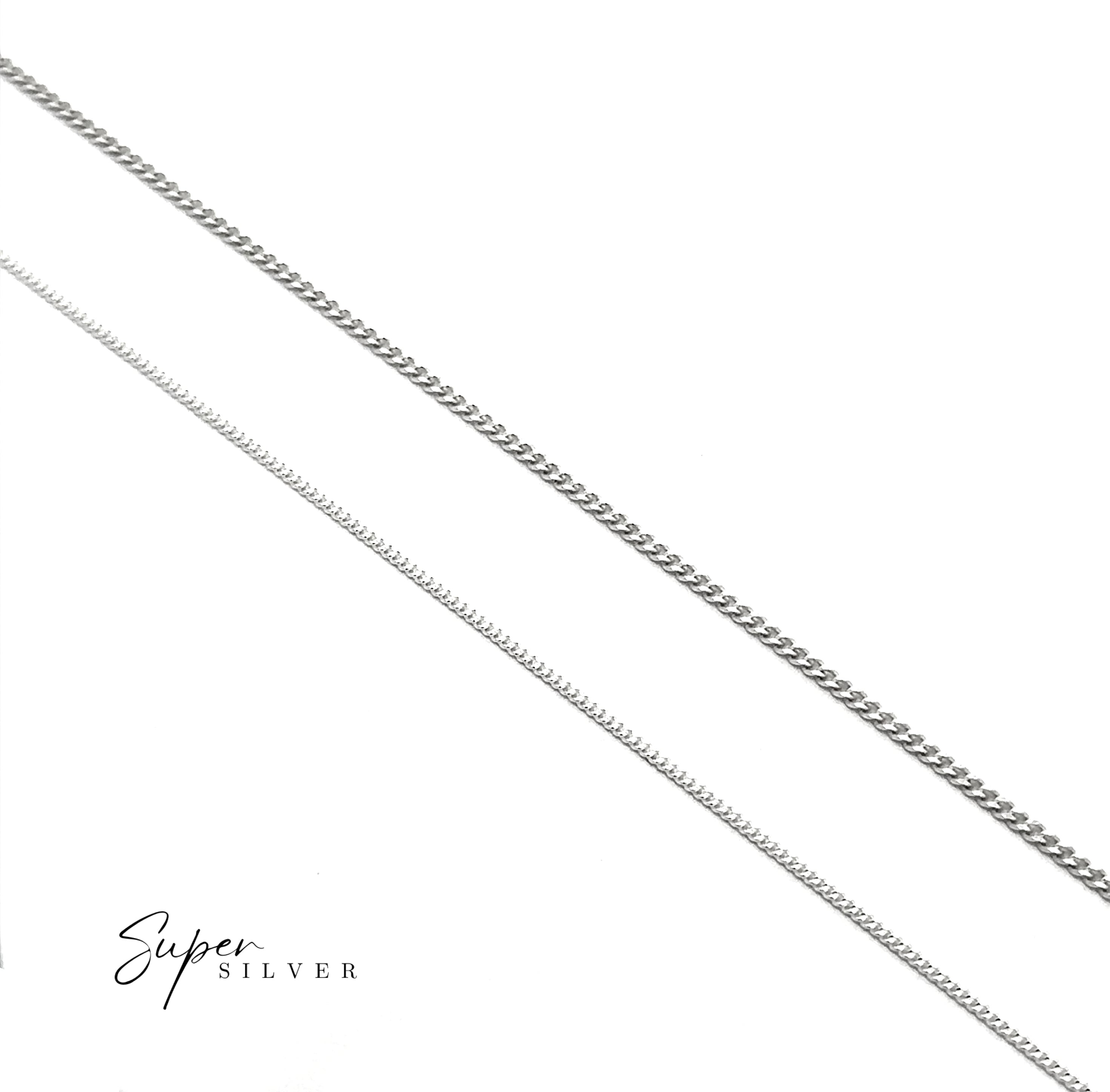 Two silver chains—a Dainty Italian Curb Chain and a bold link—are laid parallel on a white background, perfect for a chic layered necklace look. "Super Silver" appears in the bottom left corner.