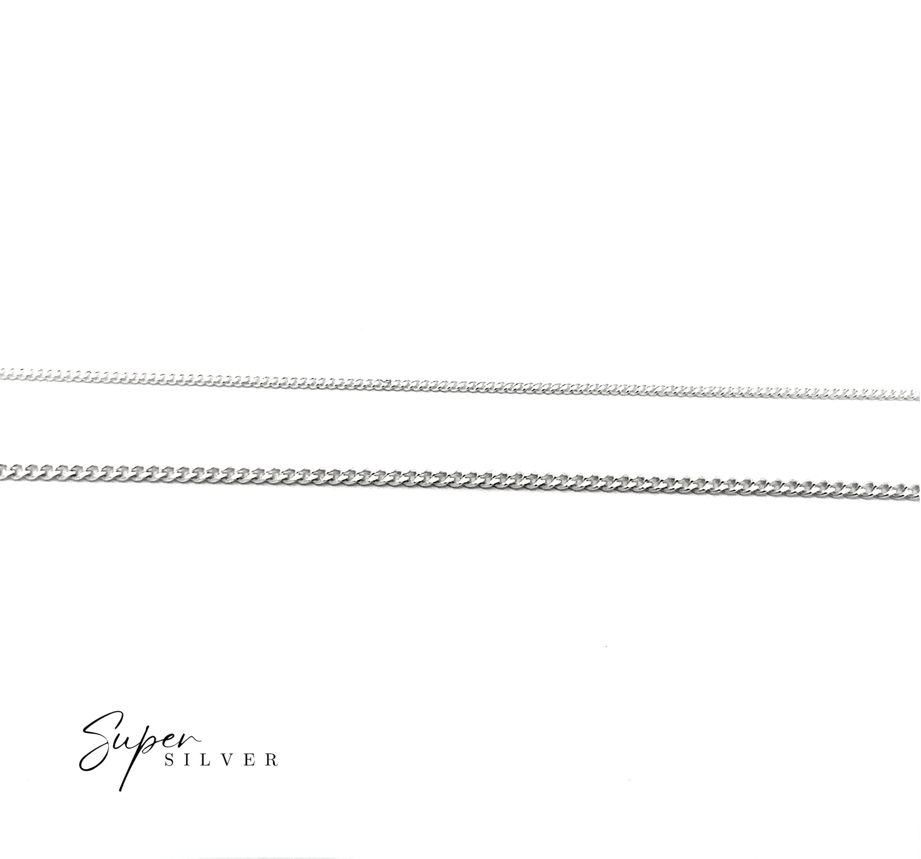 The Dainty Italian Curb Chain is shown horizontally on a white background alongside another silver chain, with the Super Silver logo at the bottom left—perfect for layering from our sterling silver chain collection.