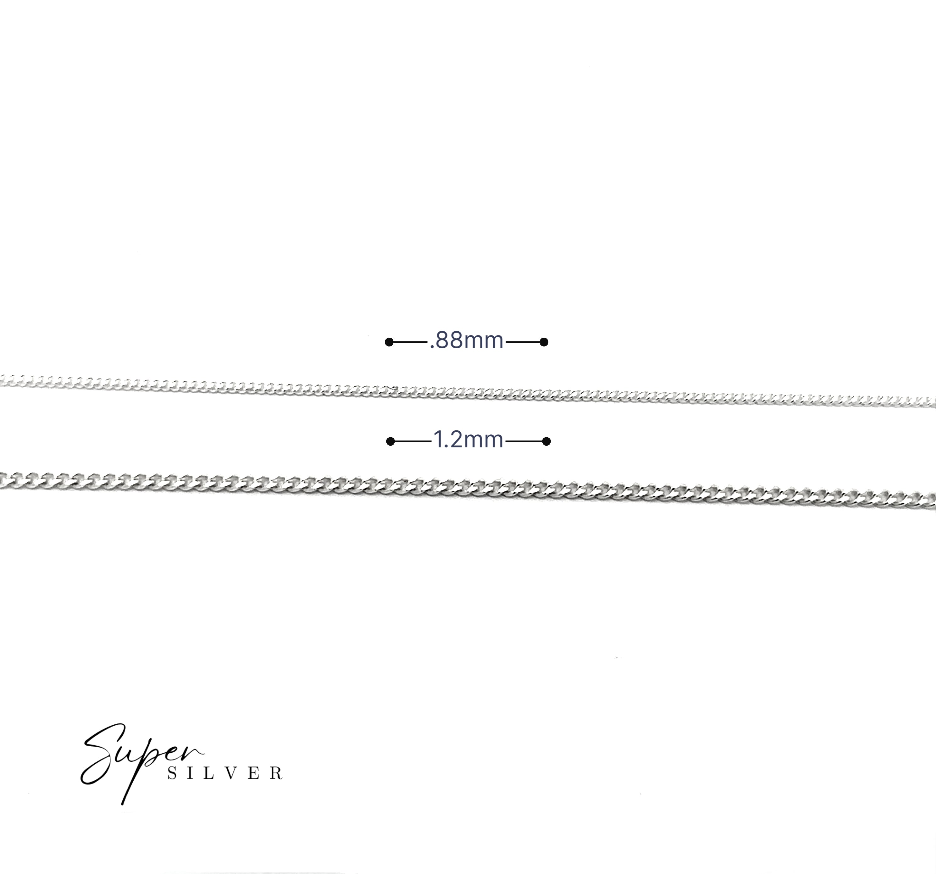 Two silver chains are side by side; the top is the Dainty Italian Curb Chain at 0.88mm, while the bottom Italian sterling silver chain is 1.2mm thick. "Super Silver" appears in the bottom left corner.