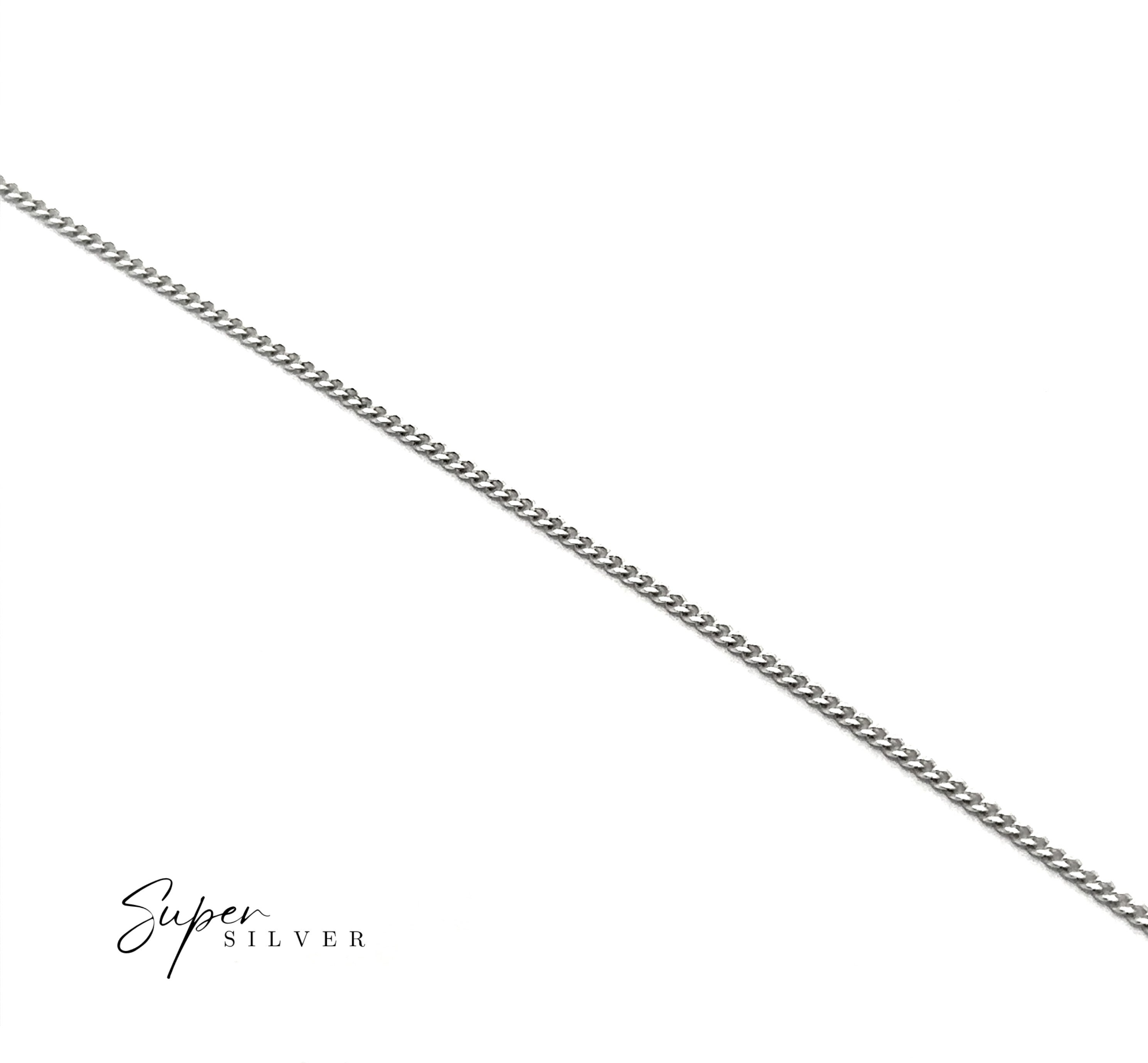 The Dainty Italian Curb Chain is displayed diagonally on a white background, featuring the "Super Silver" logo in the lower left corner. This sterling silver necklace is perfect for layering with any style.