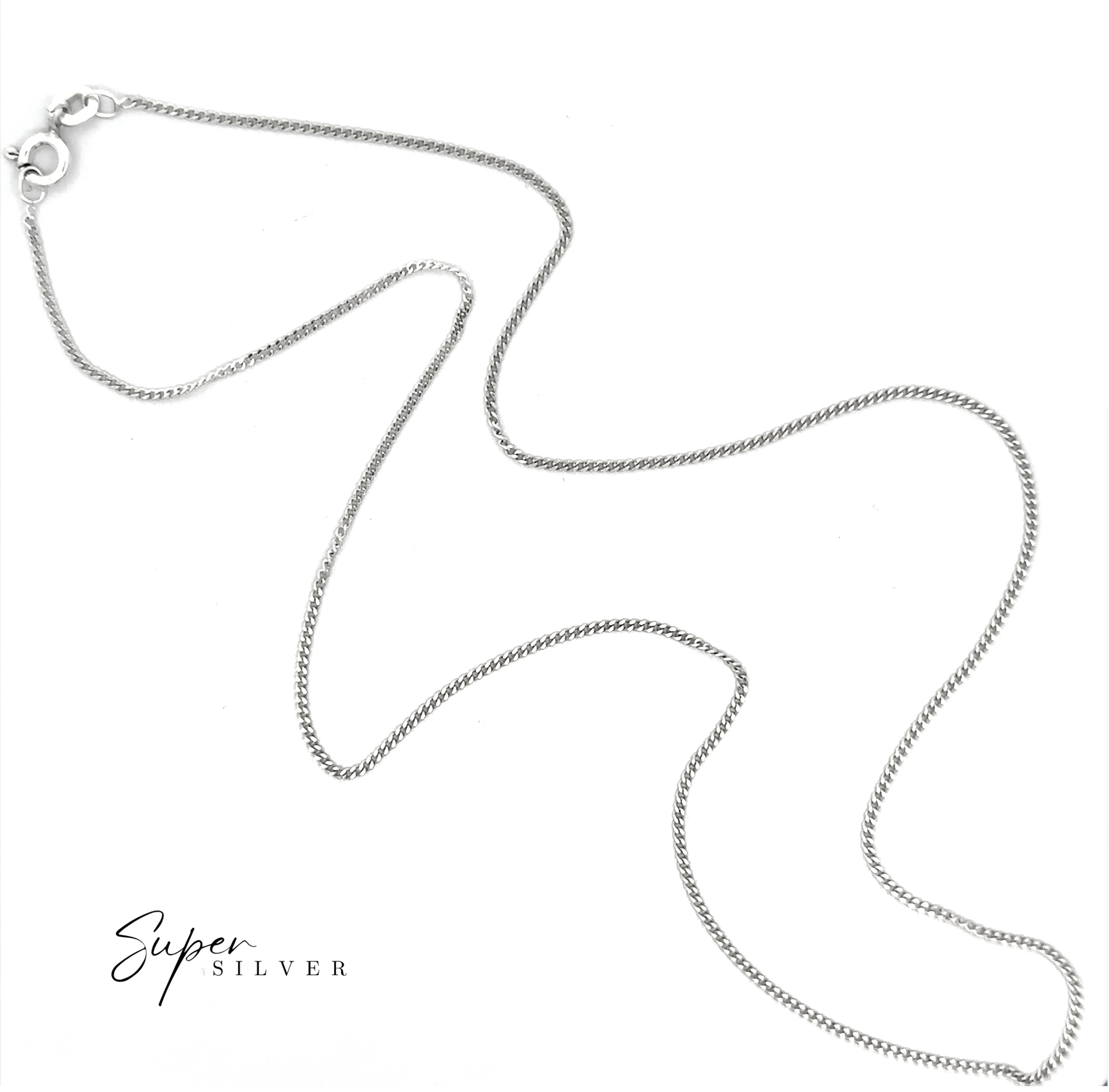 The Dainty Italian Curb Chain, a delicate necklace with a lobster clasp, is displayed on a white background. The "Super Silver" brand name appears in the lower left corner, highlighting this elegant layering piece.