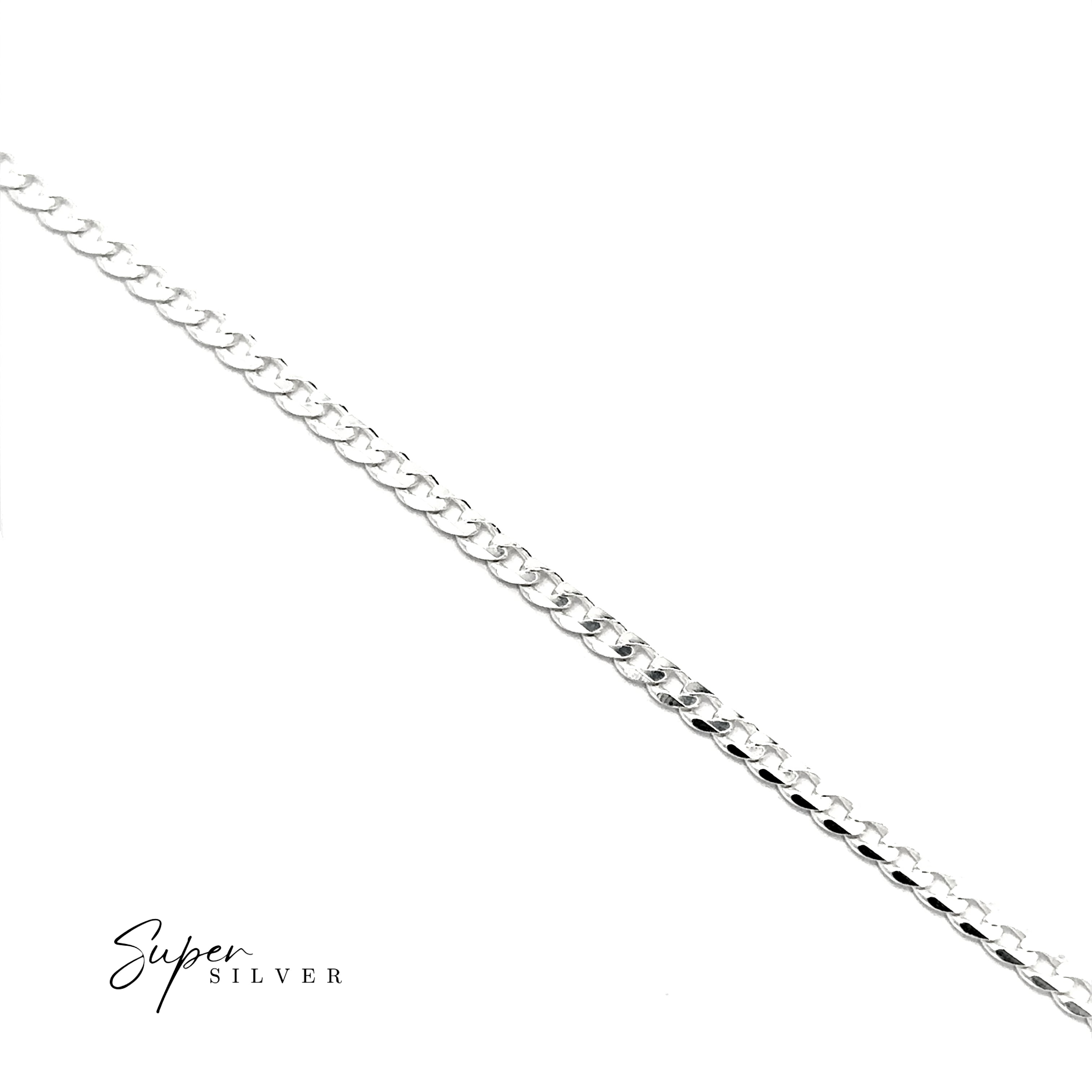 The 3MM Italian Curb Chain men's necklace in silver is shown diagonally on a white background with “Super Silver” in the bottom left corner.