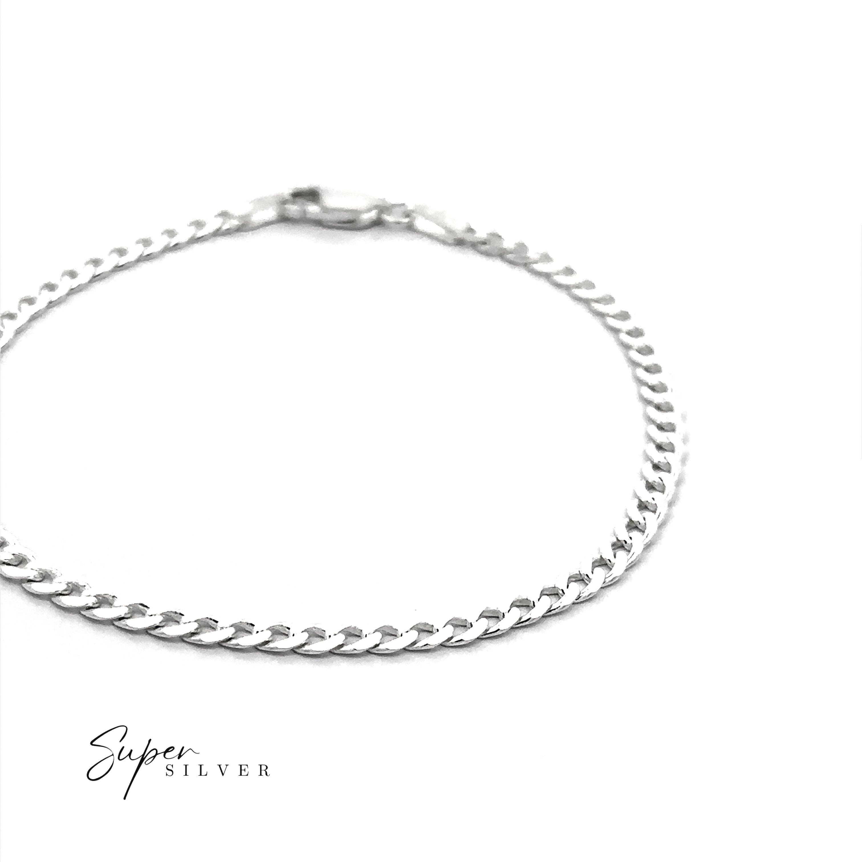 A 3MM Italian Curb Chain sterling silver bracelet with a simple clasp is displayed on a white background. "Super Silver" appears in the lower left, emphasizing its elegant and refined design.