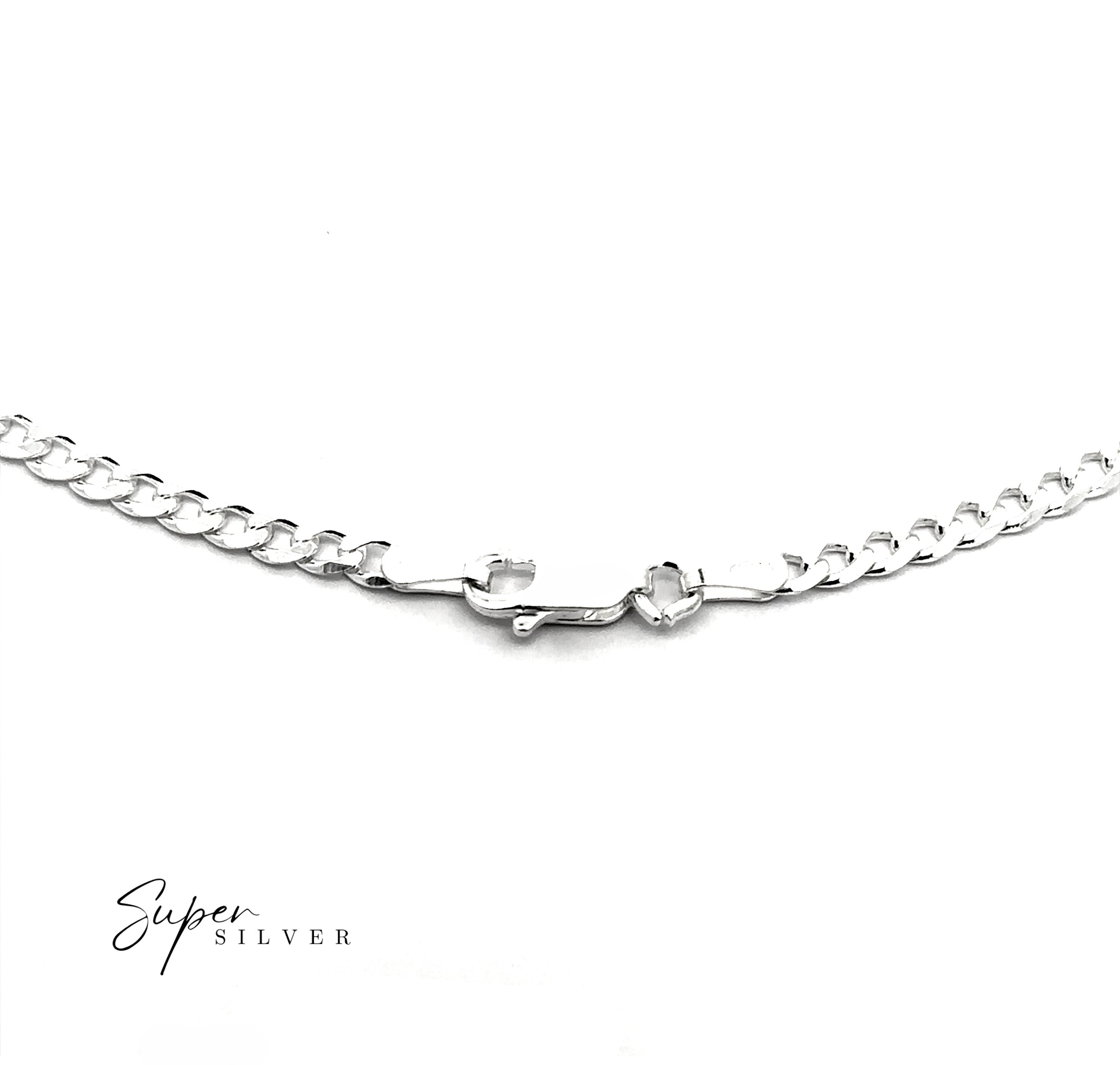 Close-up of the 3MM Italian Curb Chain, a sterling silver necklace with clasp, shown on a white background. The "Super Silver" logo is in the bottom left corner. This Italian curb chain is ideal for men.