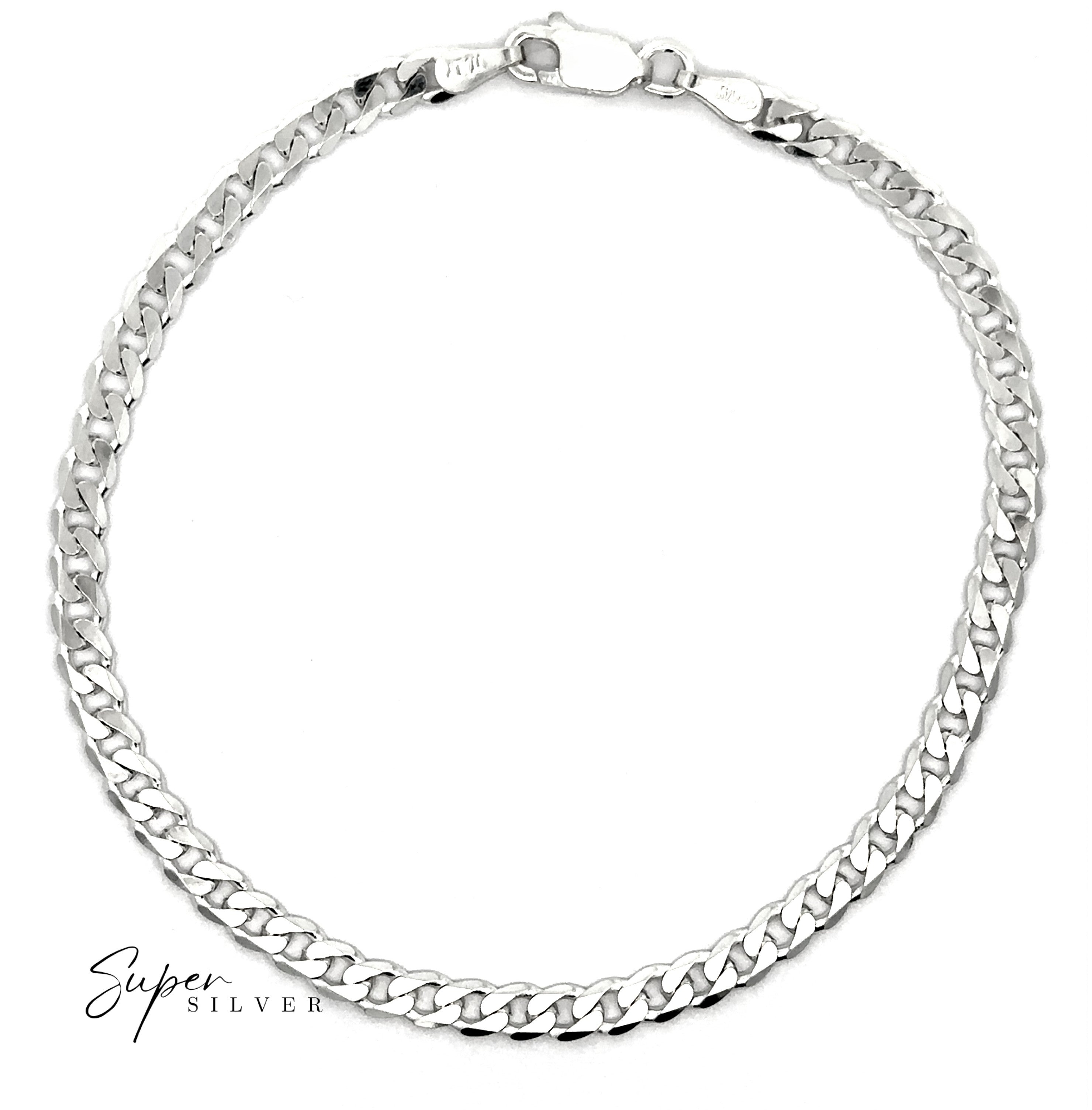 The Signature Italian Curb Chain, a flat silver necklace with a lobster clasp, is arranged in an oval on a white background. “Super Silver” appears in the lower left corner.