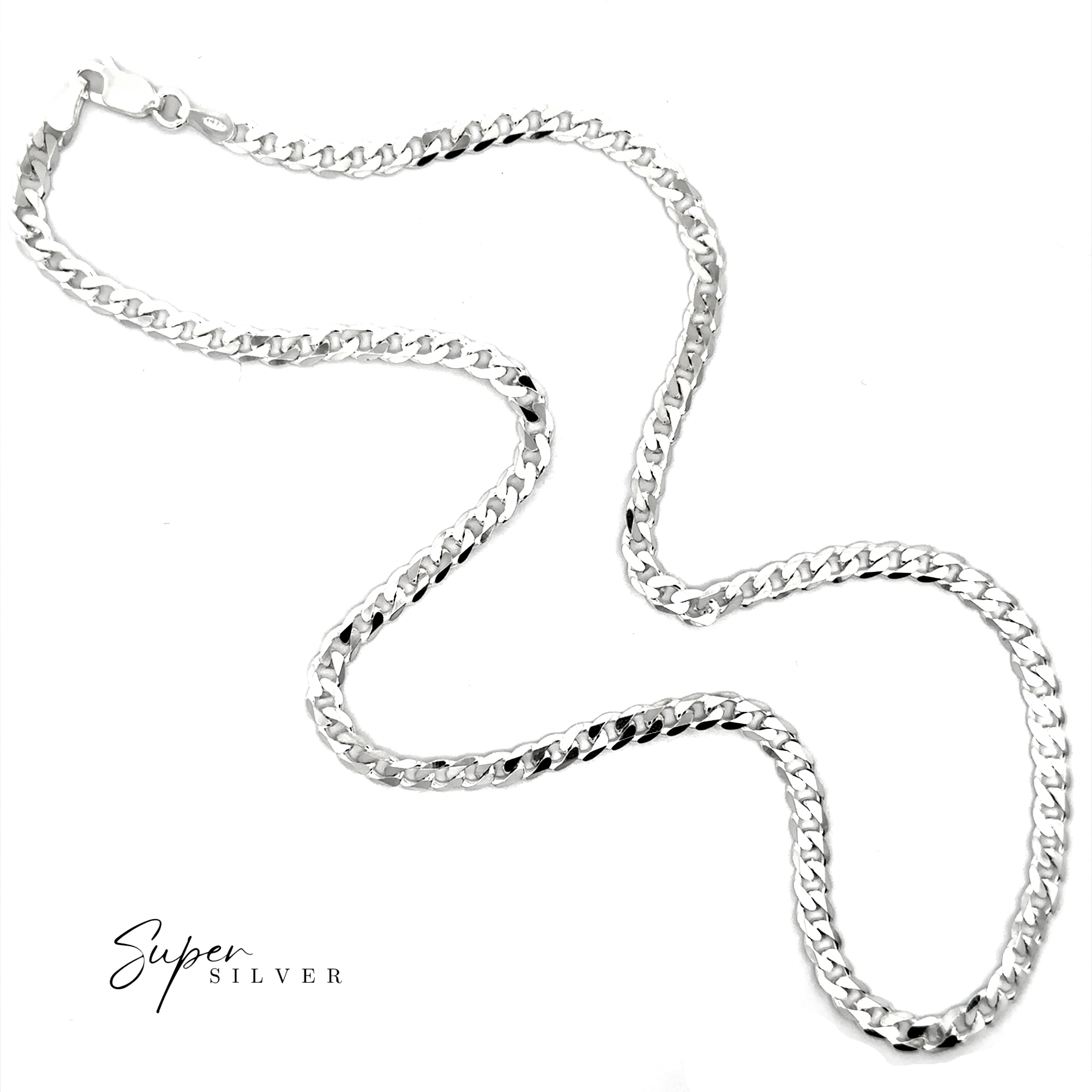 The Signature Italian Curb Chain, a silver necklace with flat interlocking links, is shown against a white background. "Super Silver" appears in the bottom left corner.