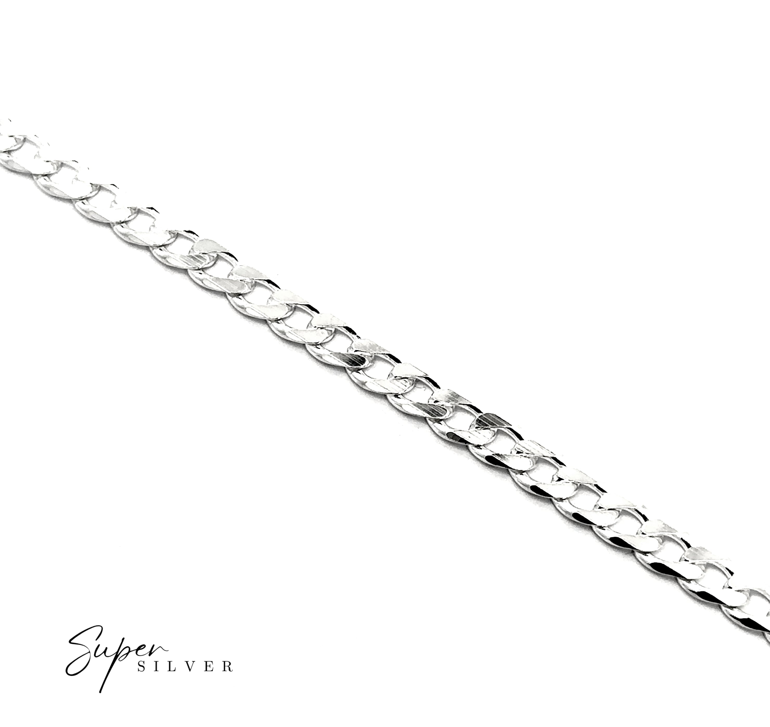 A close-up of The Signature Italian Curb Chain bracelet on a white background, with "Super Silver" text in the bottom left corner.