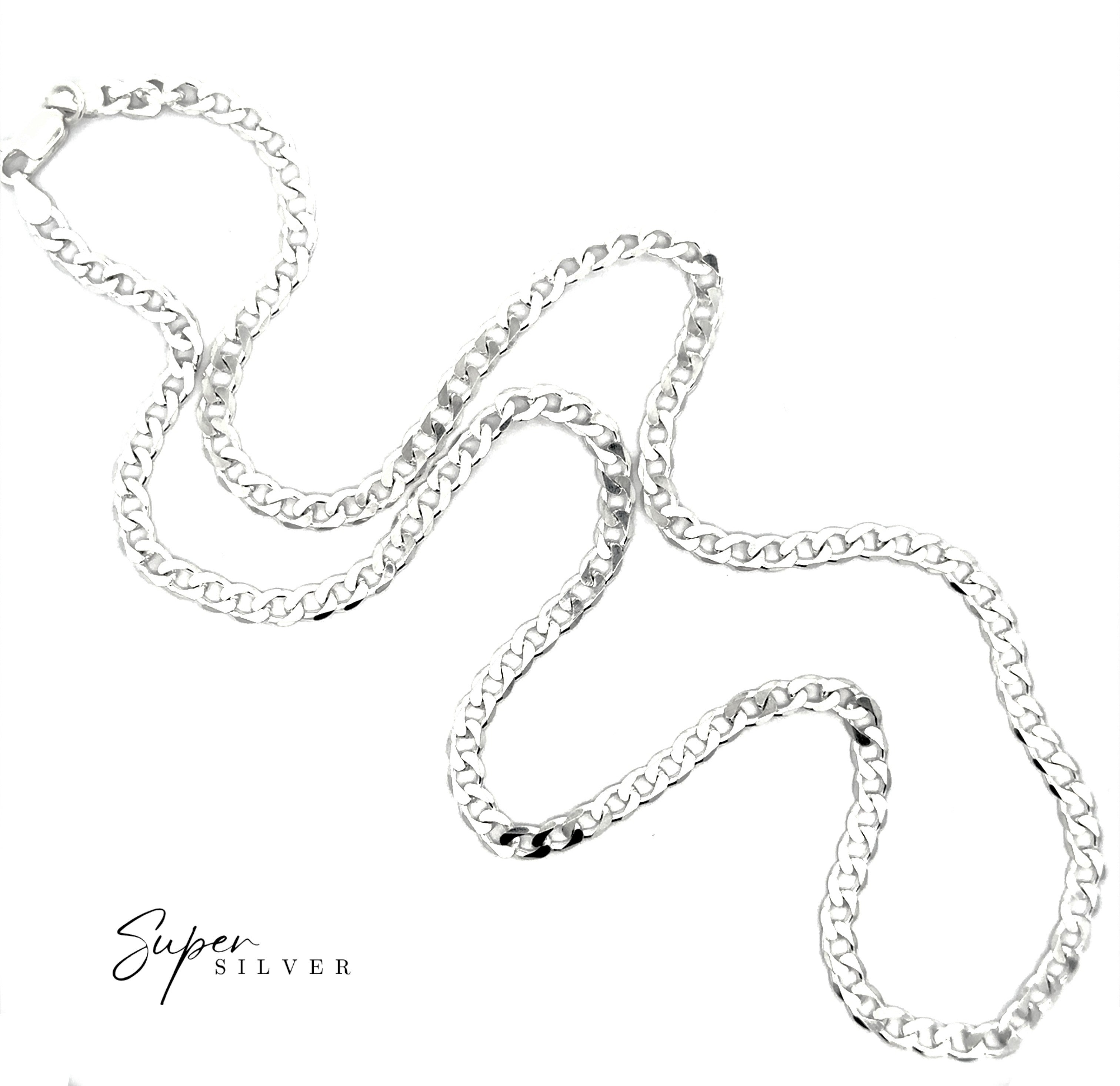 The Signature Italian Curb Chain men's silver necklace is showcased on a white background, with the "Super Silver" logo in the bottom left corner.