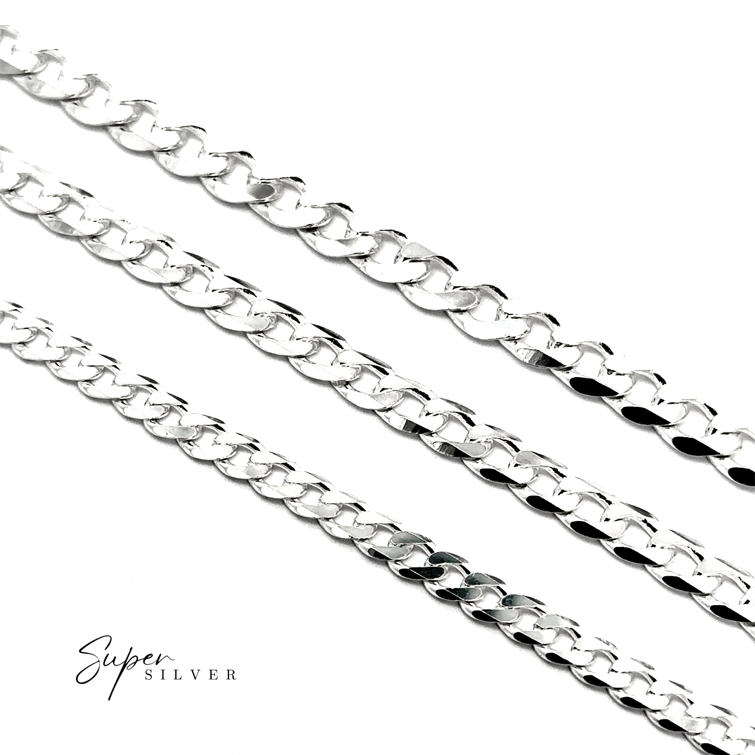 Three Signature Italian Curb Chains are displayed diagonally on a white background with "Super Silver" text in the lower left, highlighting the sleek elegance of The Signature Italian Curb Chain.