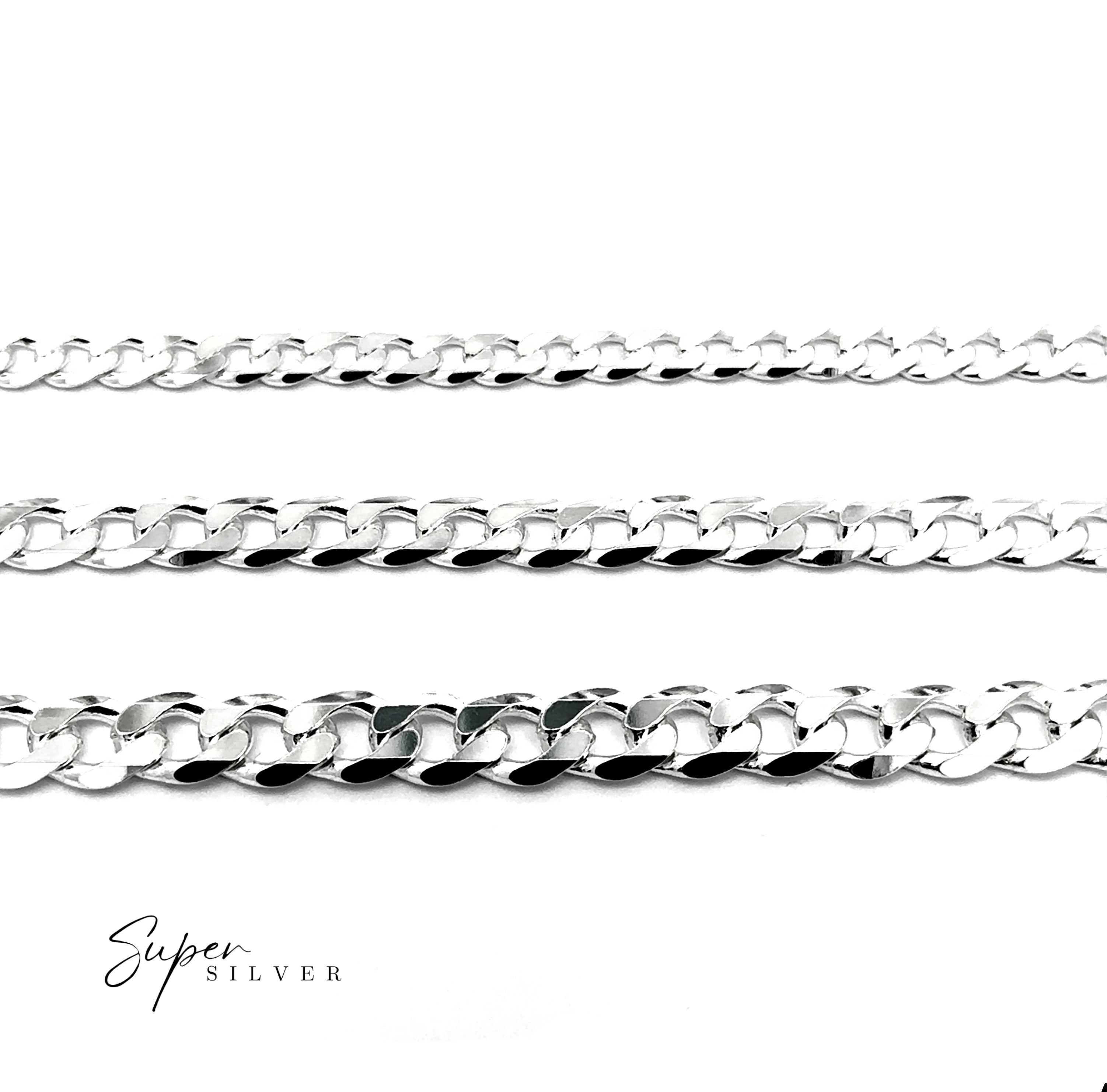 Three Signature Italian Curb Chains are arranged parallel on a white background, with "Super Silver" in the lower left corner, showcasing the elegance of The Signature Italian Curb Chain.