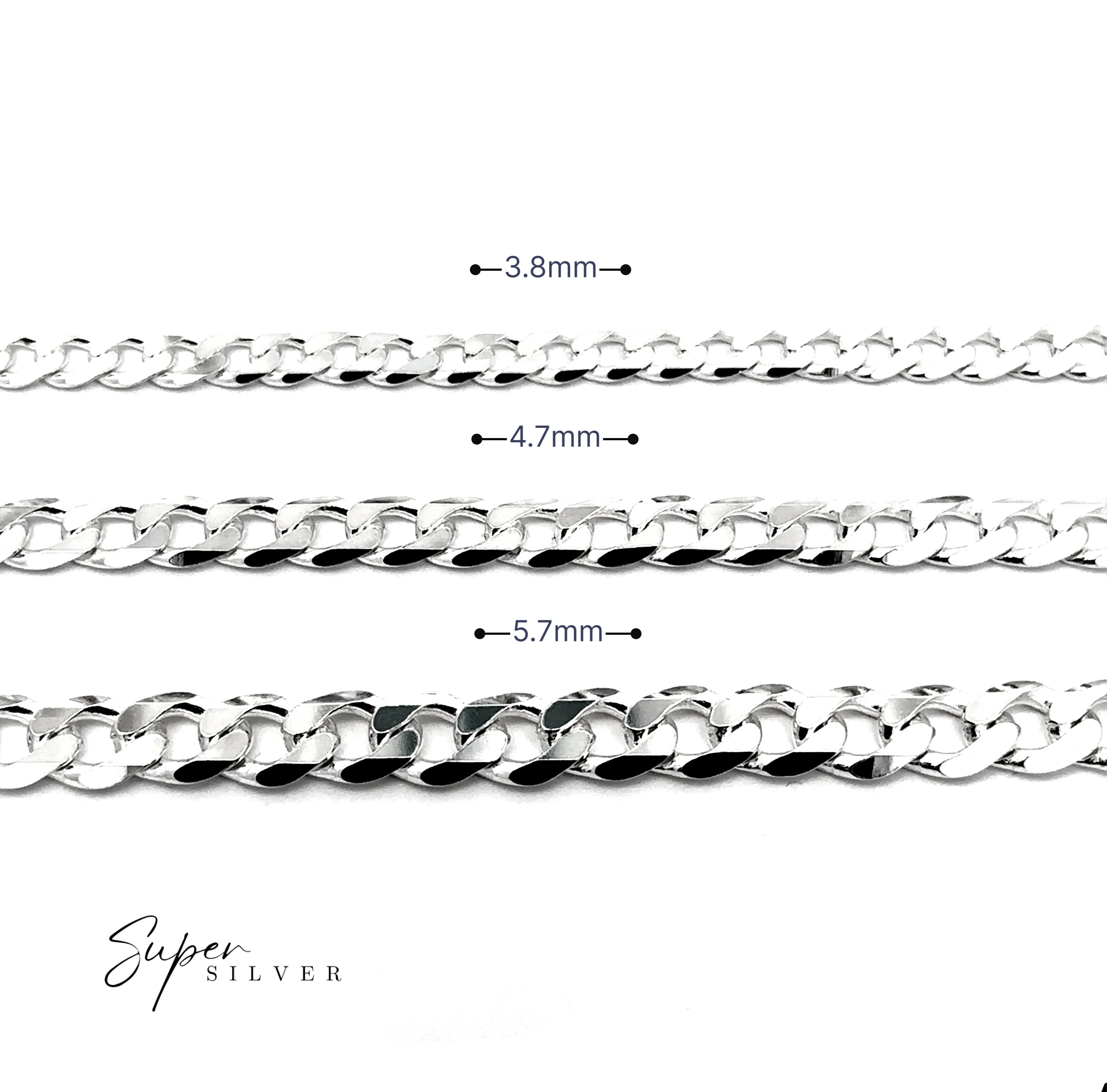 Three Signature Italian Curb Chains are shown in 3.8mm, 4.7mm, and 5.7mm widths, showcasing sleek men's necklace style. The "Super Silver" logo at the bottom left highlights premium Italian sterling silver quality.