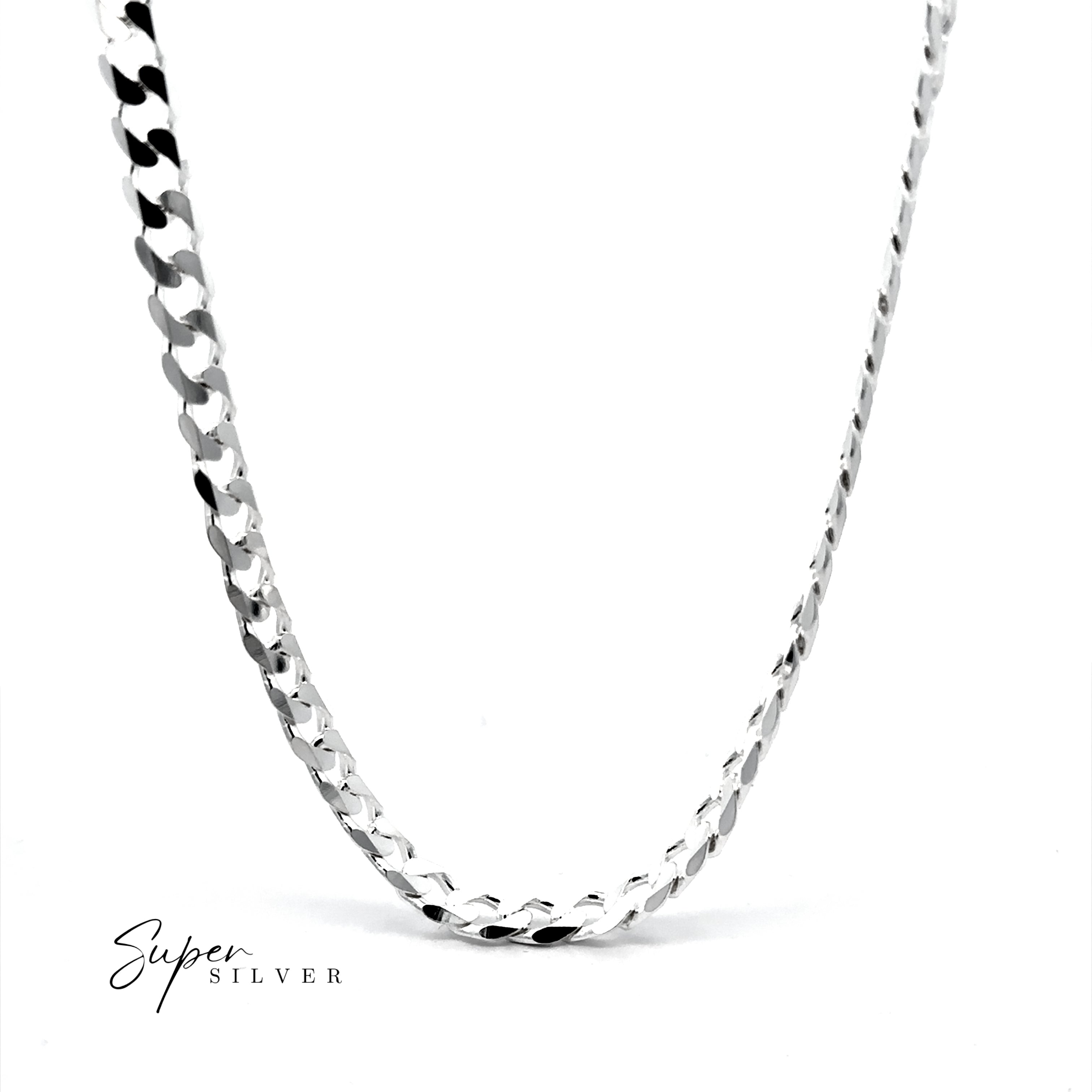 A close-up of The Signature Italian Curb Chain men's silver necklace in Sterling Silver, displayed on a white background with the text "Super Silver" in the lower left corner.