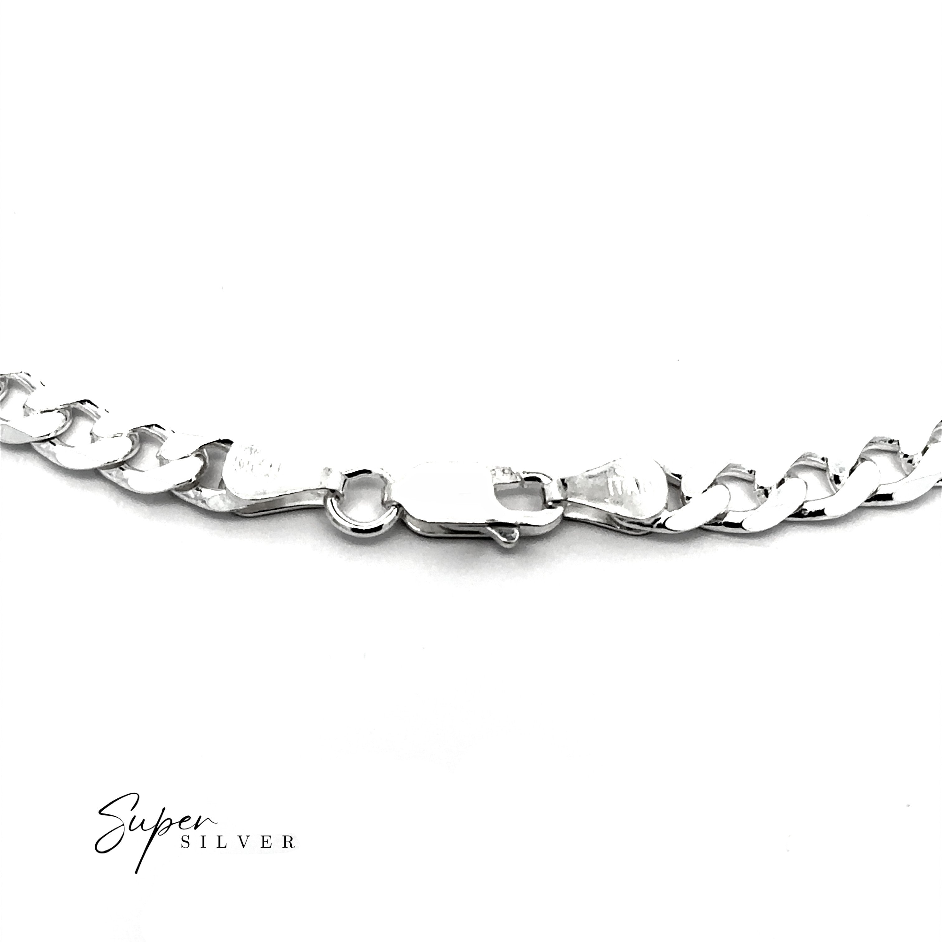 Close-up of The Signature Italian Curb Chain necklace in sterling silver with a lobster clasp, displayed on a white background. “Super Silver” appears in the bottom left corner.
