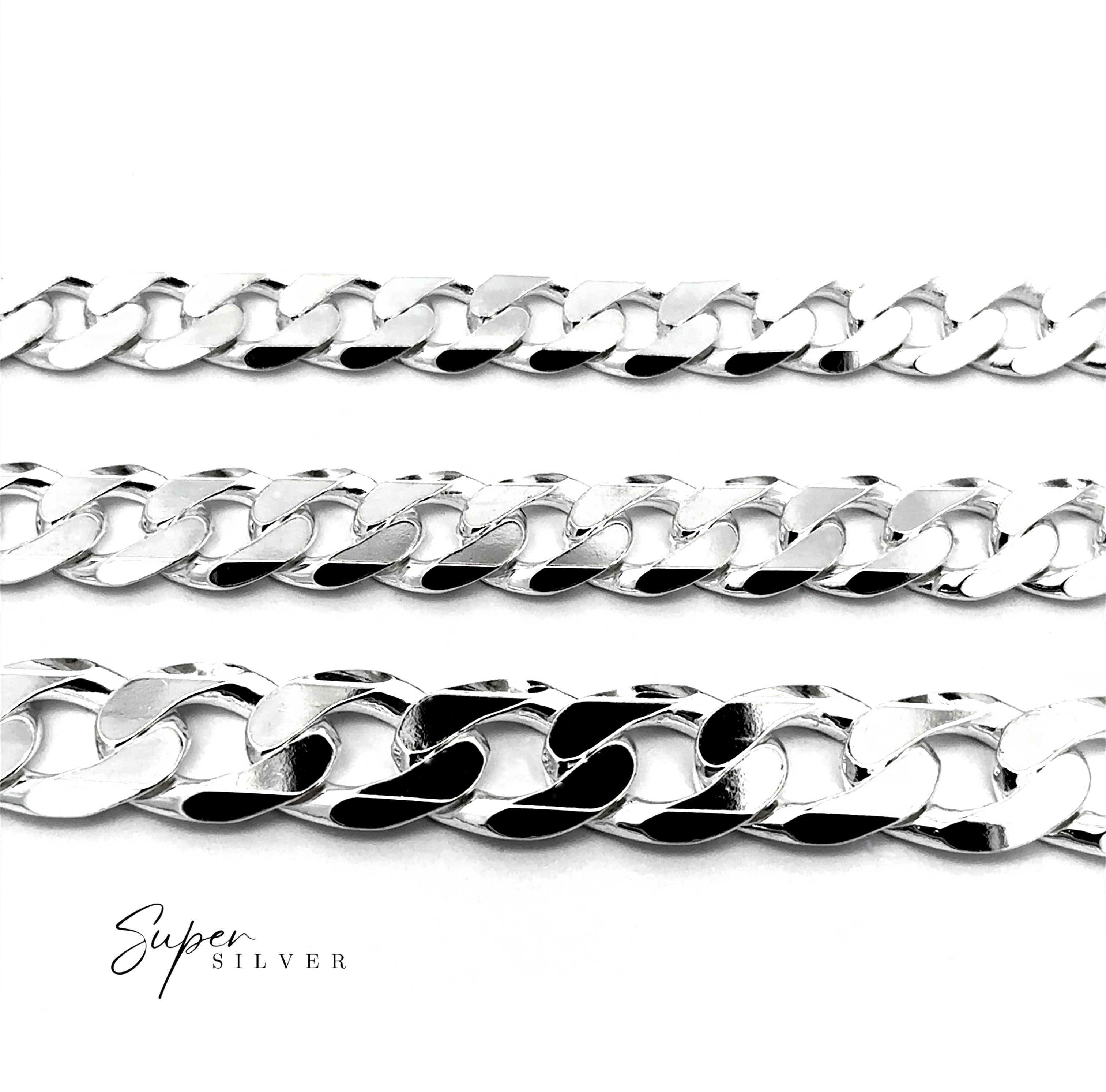 Three Heavy Italian Curb Chains in different thicknesses are displayed horizontally on a white background. "Super Silver" is written in the lower left, highlighting these elegant sterling silver necklaces and bracelets.