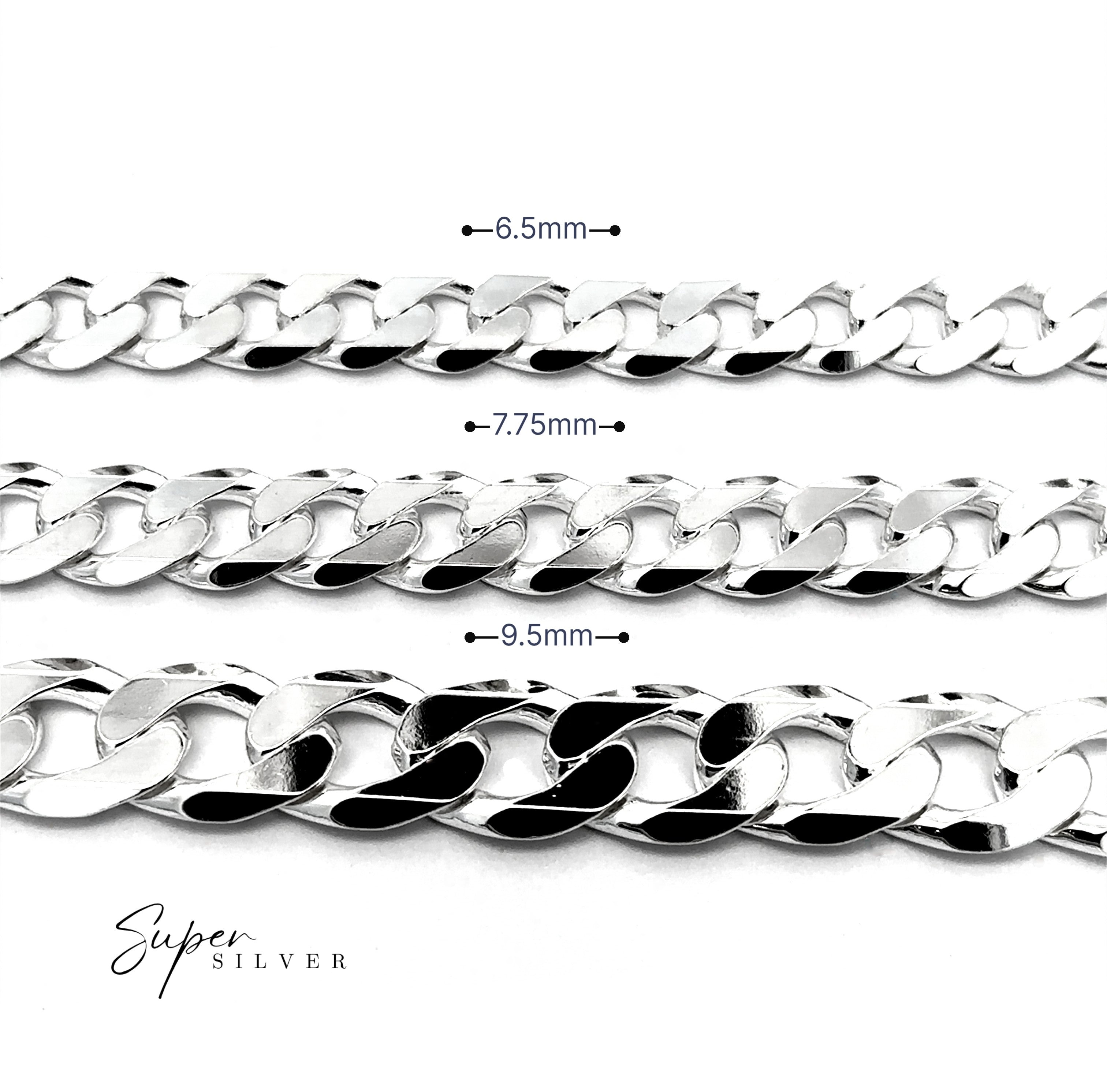 Three Heavy Italian Curb Chains in sterling silver are shown horizontally, each labeled with widths: 6.5mm, 7.75mm, and 9.5mm. The "Super Silver" logo at the bottom left highlights these classic men's necklaces.