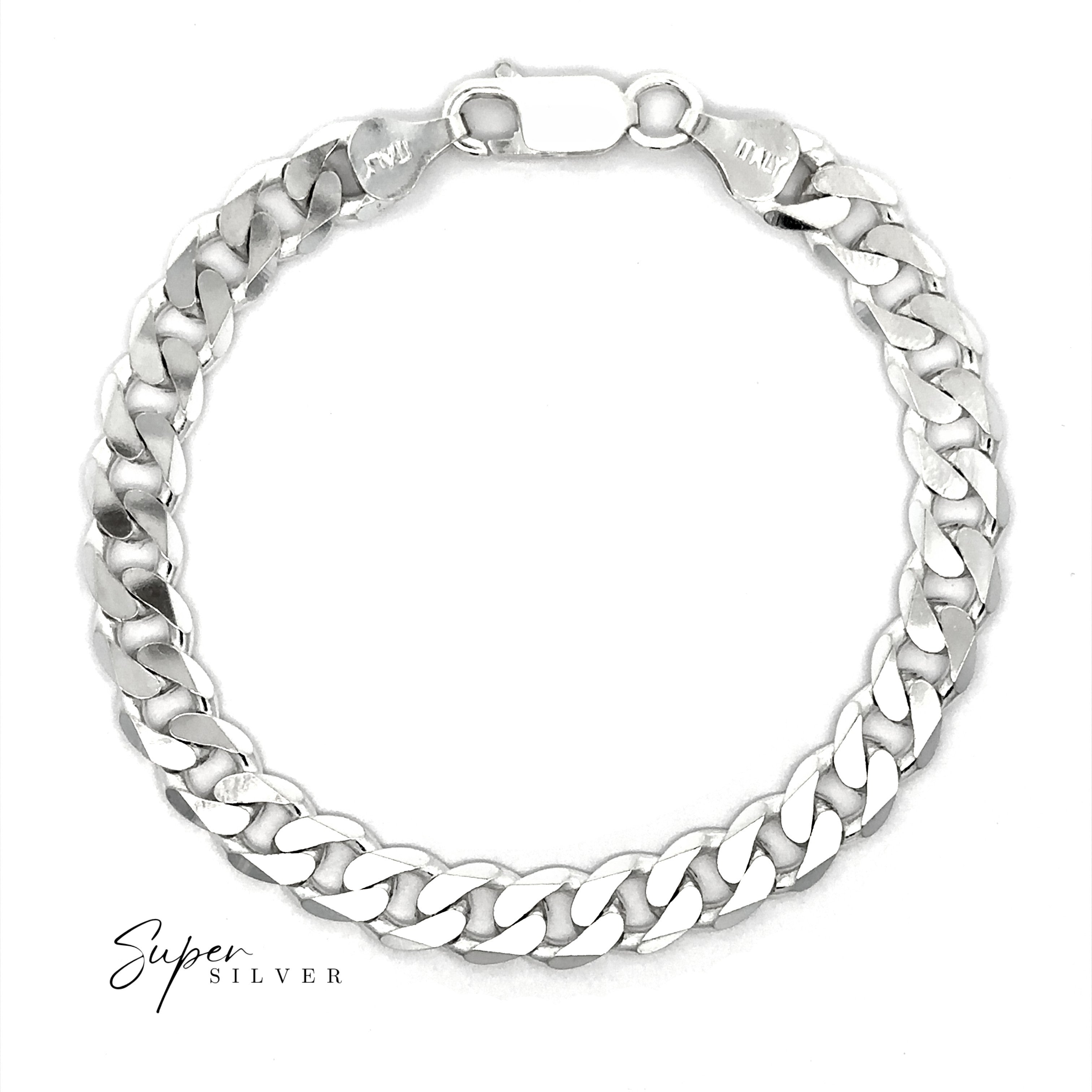 The Heavy Italian Curb Chain, a sterling silver bracelet with a lobster clasp and "ITALY" engraved on the ends, is displayed on a white background with "Super Silver" in the corner—highlighting its classic Italian design.