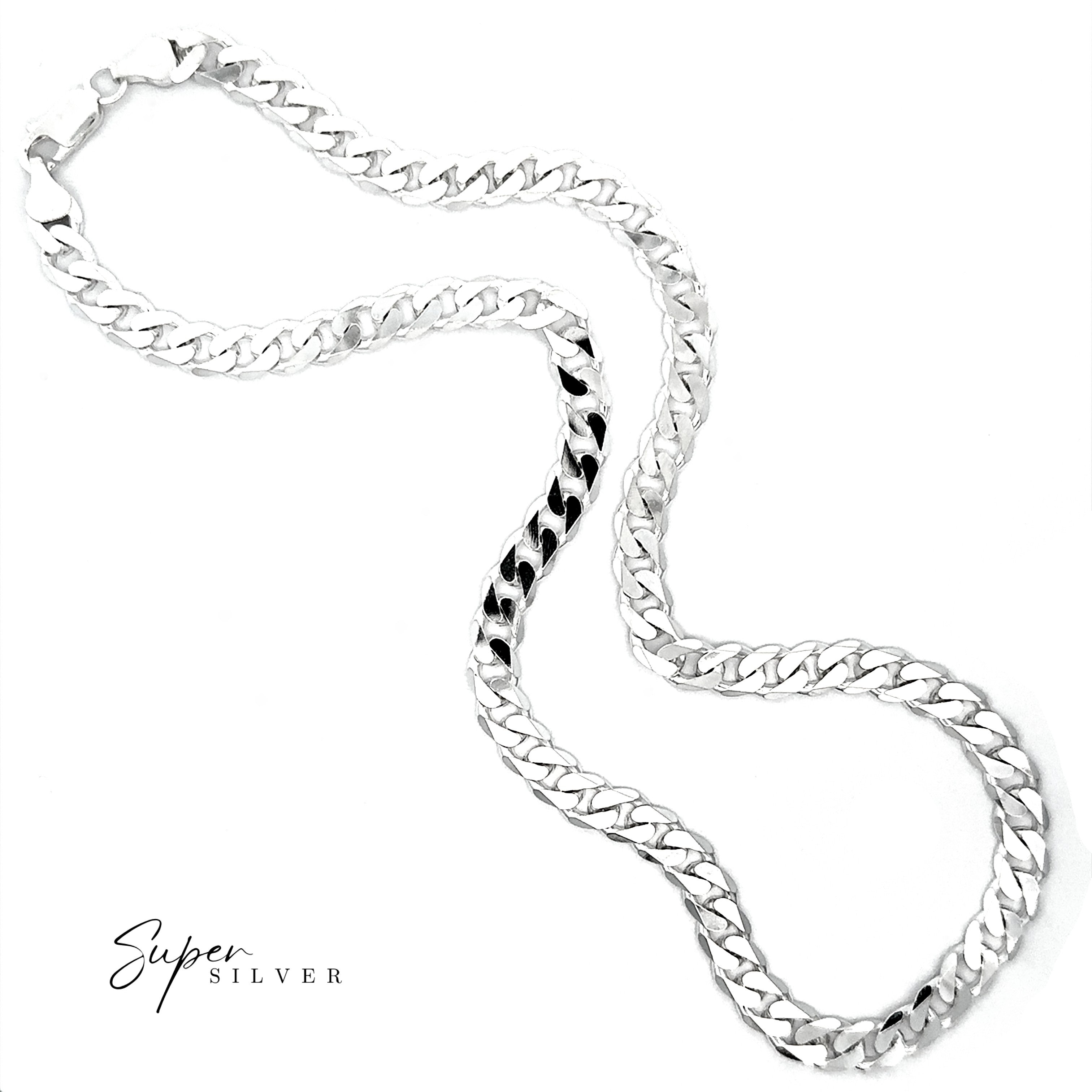 The Heavy Italian Curb Chain, a sterling silver necklace, is showcased against a white background with "Super Silver" in the lower left corner.
