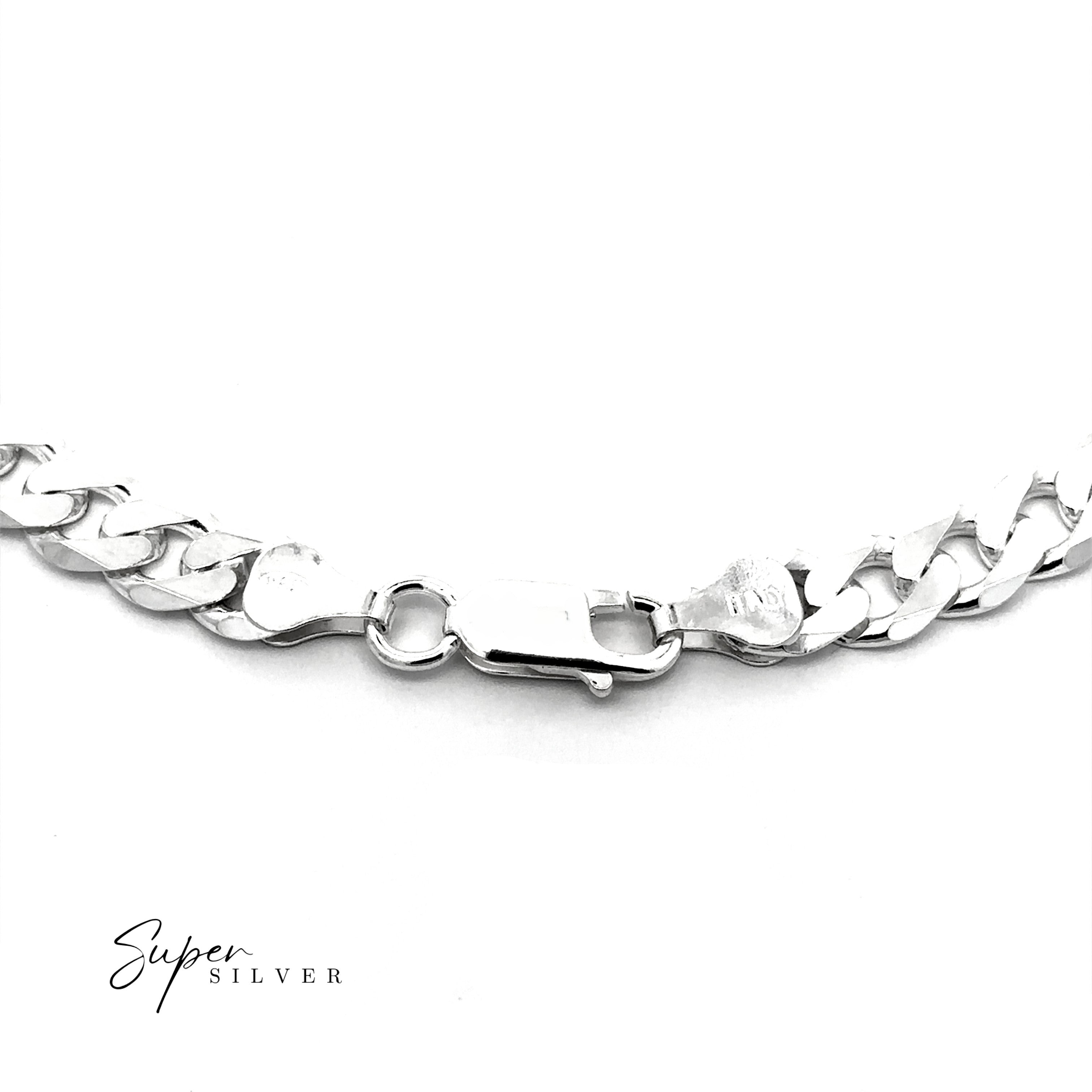 Close-up of a Heavy Italian Curb Chain sterling silver bracelet with a lobster clasp, displayed on a white background. "Super Silver" appears in the bottom left corner.