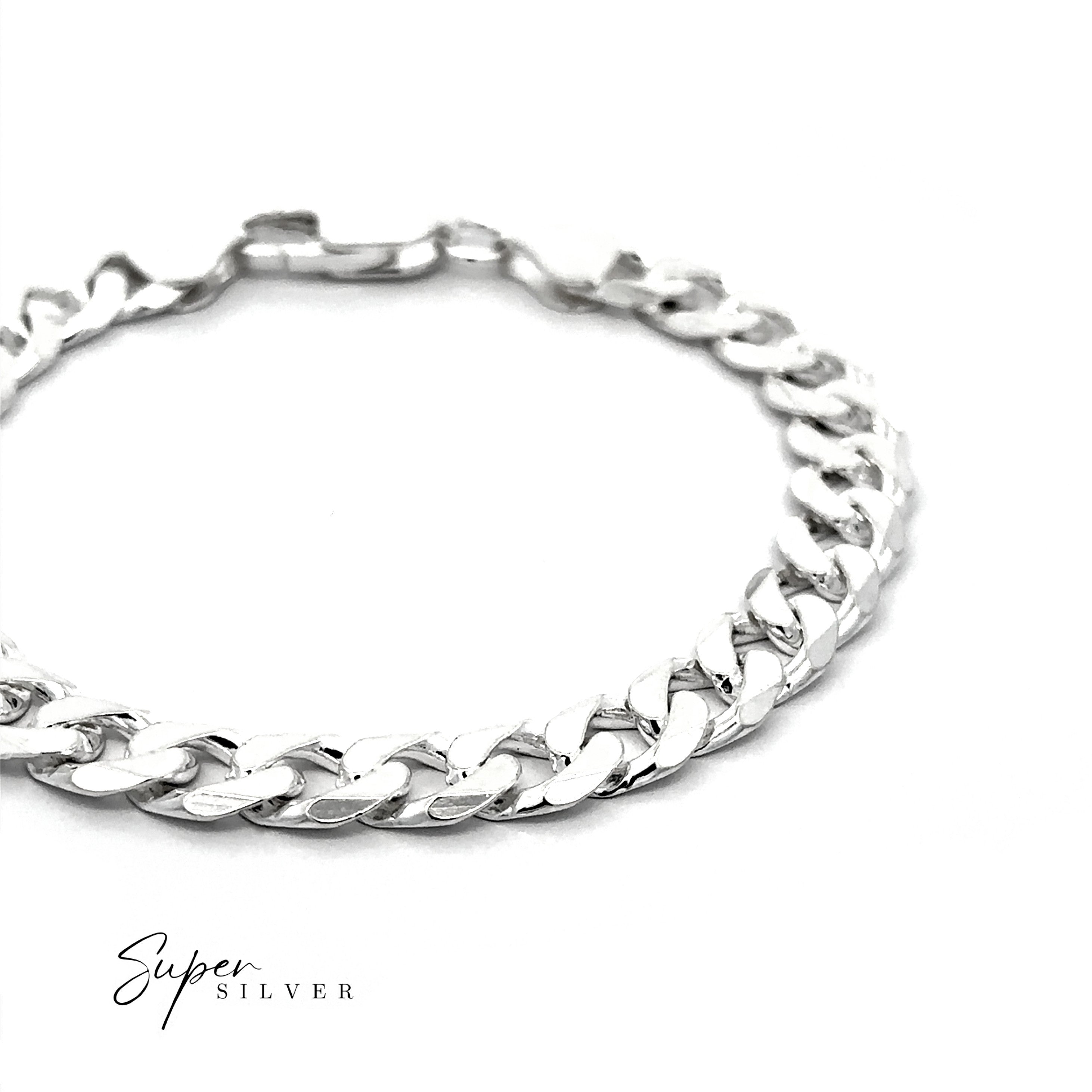 The Heavy Italian Curb Chain bracelet, featuring a bold silver design, is shown against a white background with "Super Silver" displayed in the lower left corner.
