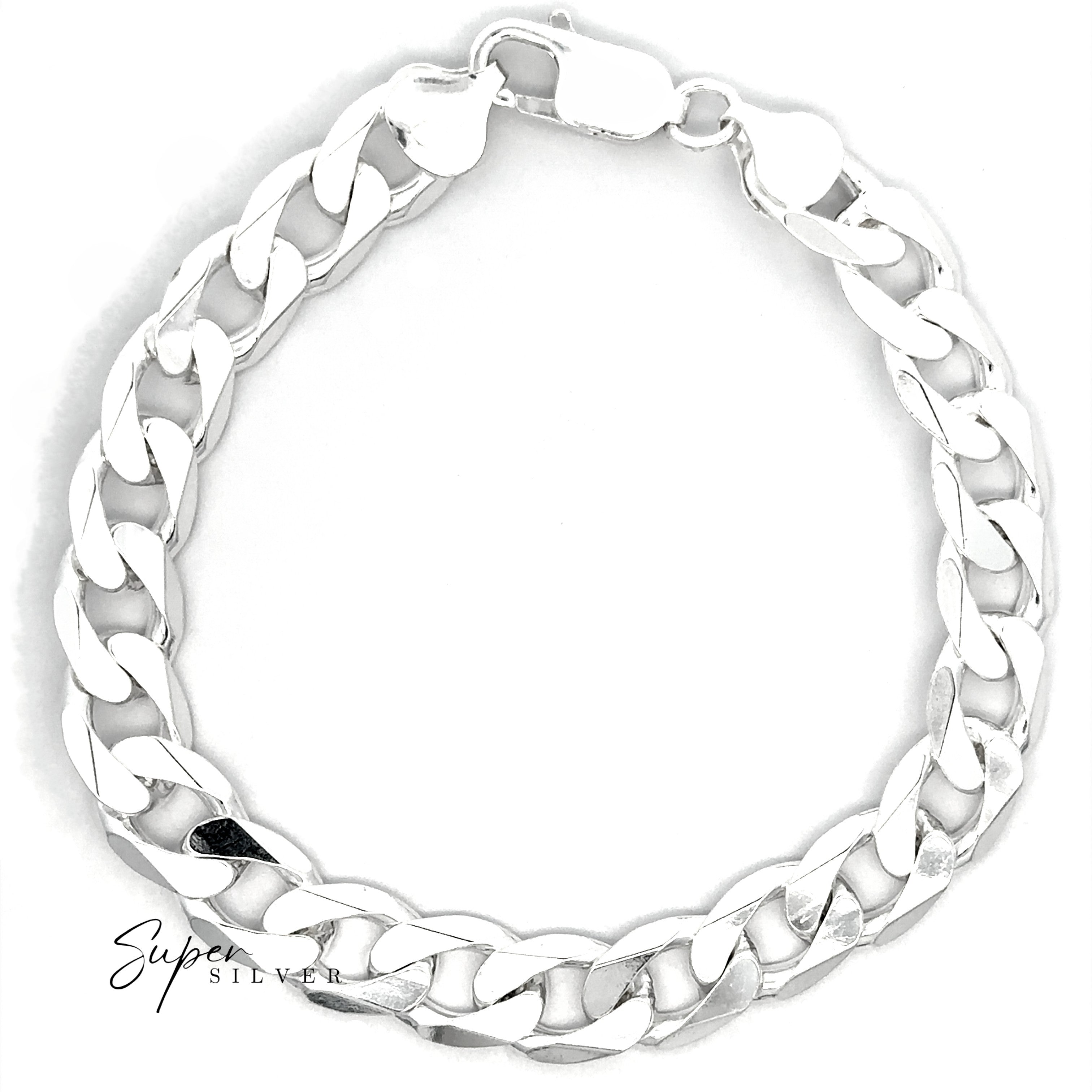 The Heavy Italian Curb Chain, crafted in sterling silver with a lobster clasp, is shown on a white background featuring "Super Silver" branding—ideal to pair with men’s silver necklaces or classic Italian chains.