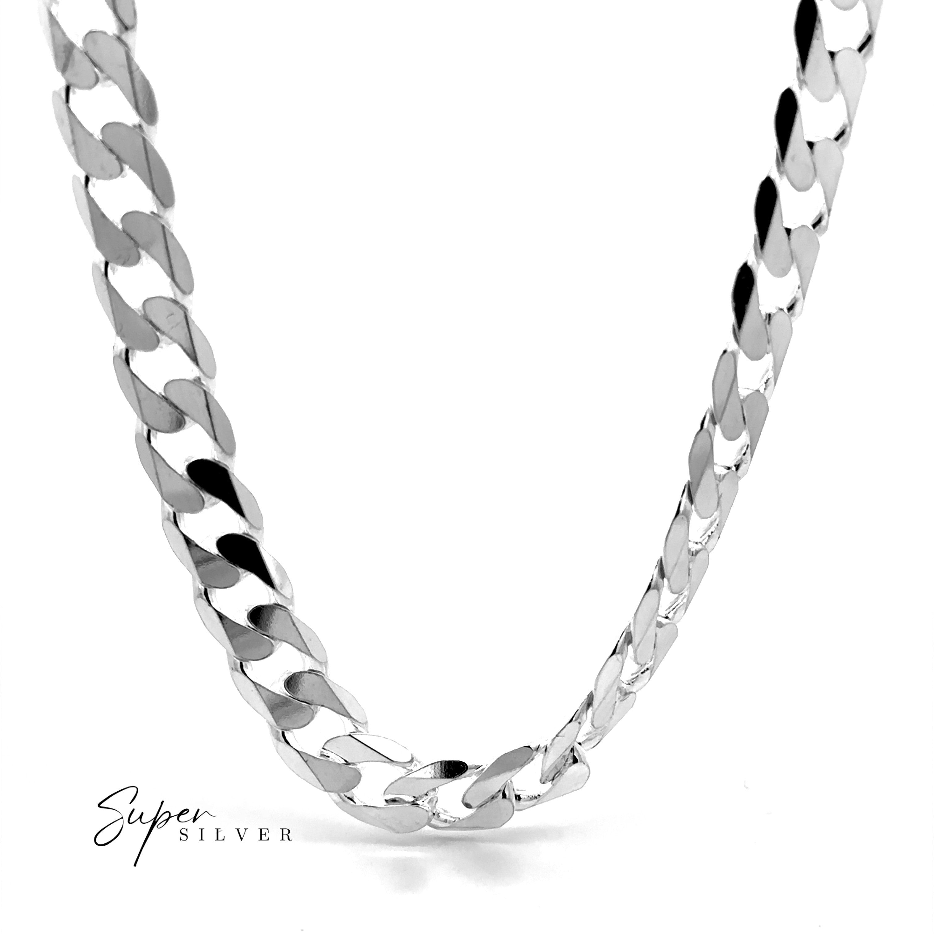 Close-up of a polished Heavy Italian Curb Chain silver necklace on a white background with "Super Silver" text in the lower left corner.