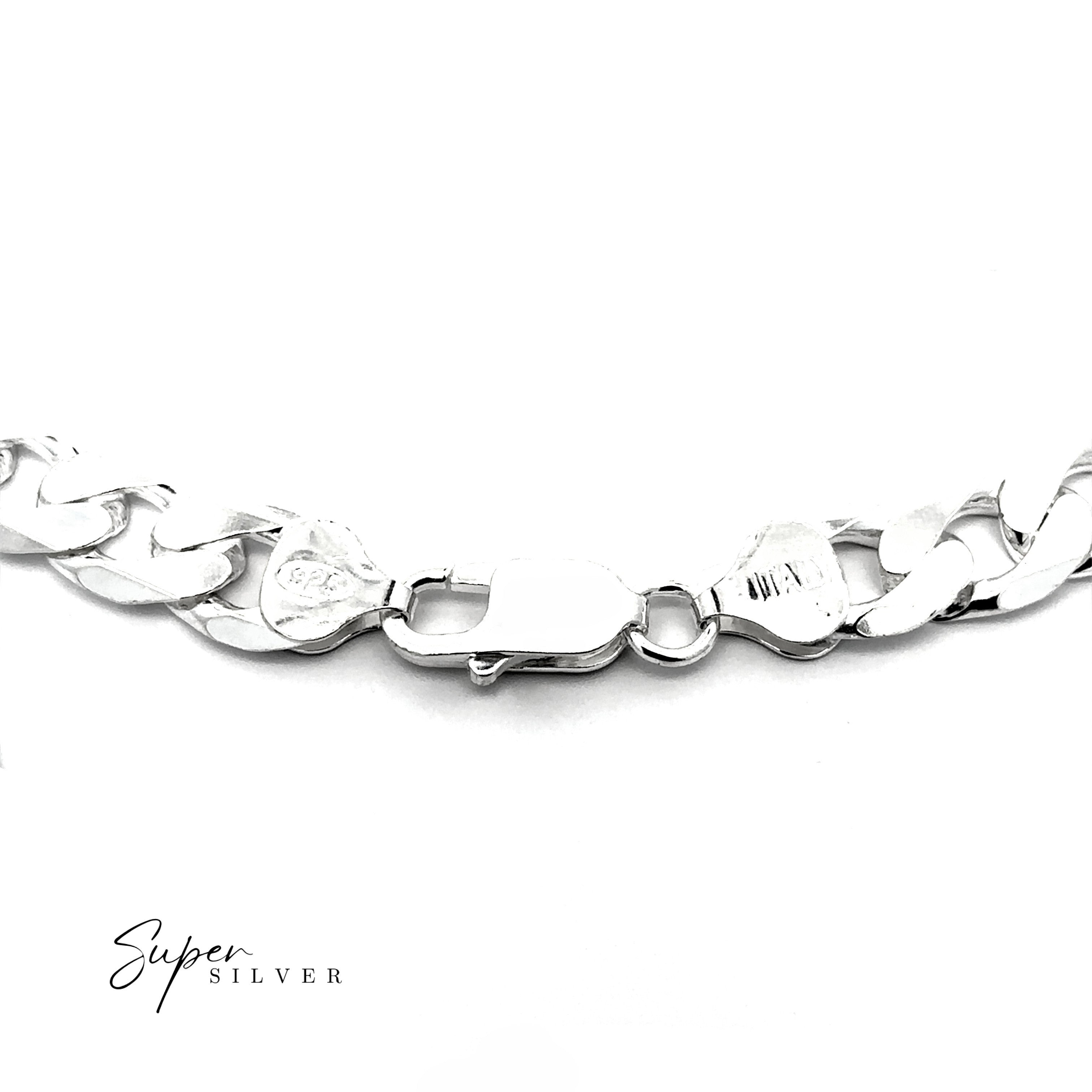 Close-up of a Heavy Italian Curb Chain sterling silver bracelet with a lobster clasp and hallmarks, displayed on a white background. "Super Silver" appears in the lower left corner.