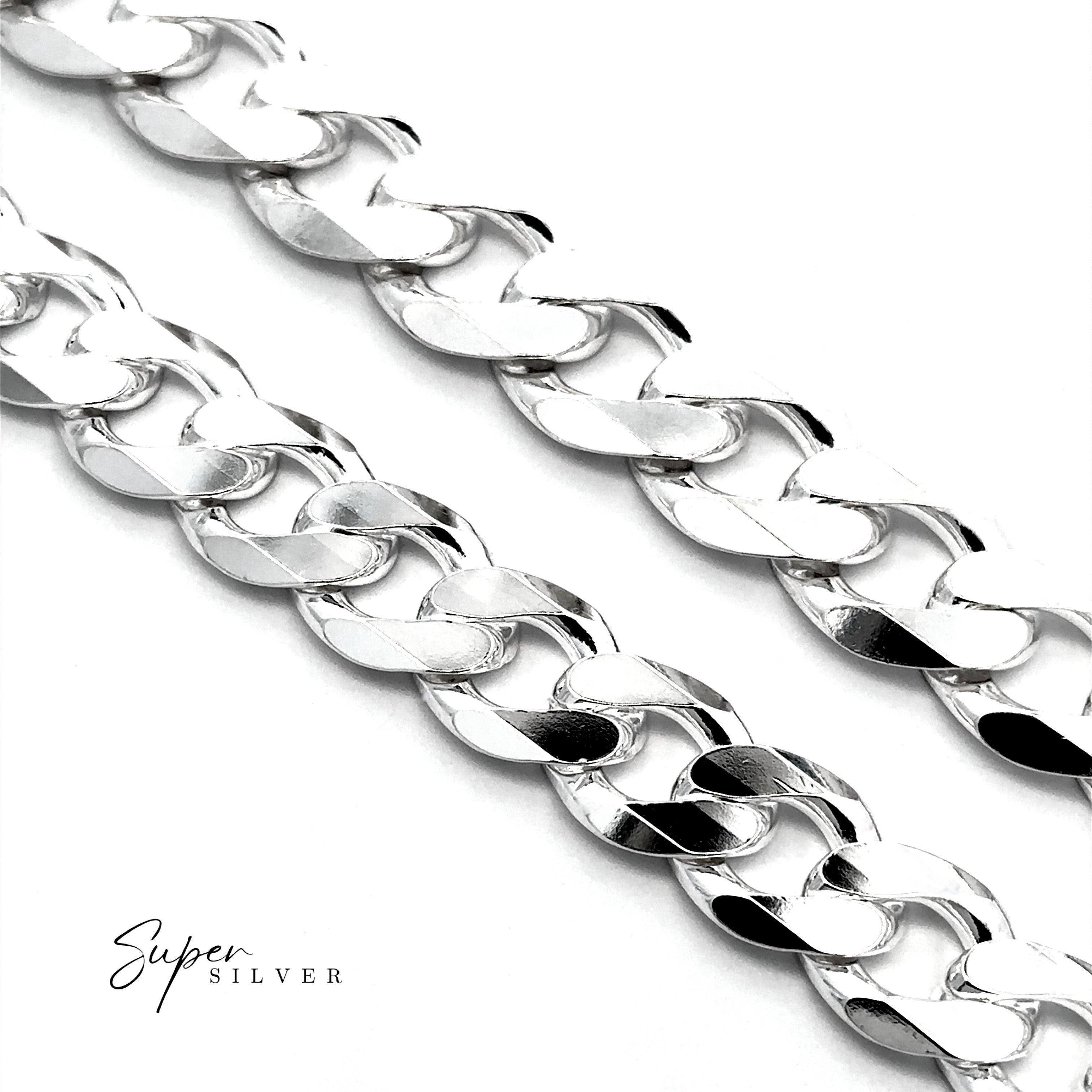 Two polished silver chains with flat, interlocking links—one a Massive Italian Curb Chain—are displayed on a white background. The words "Super Silver" appear in the lower left corner.