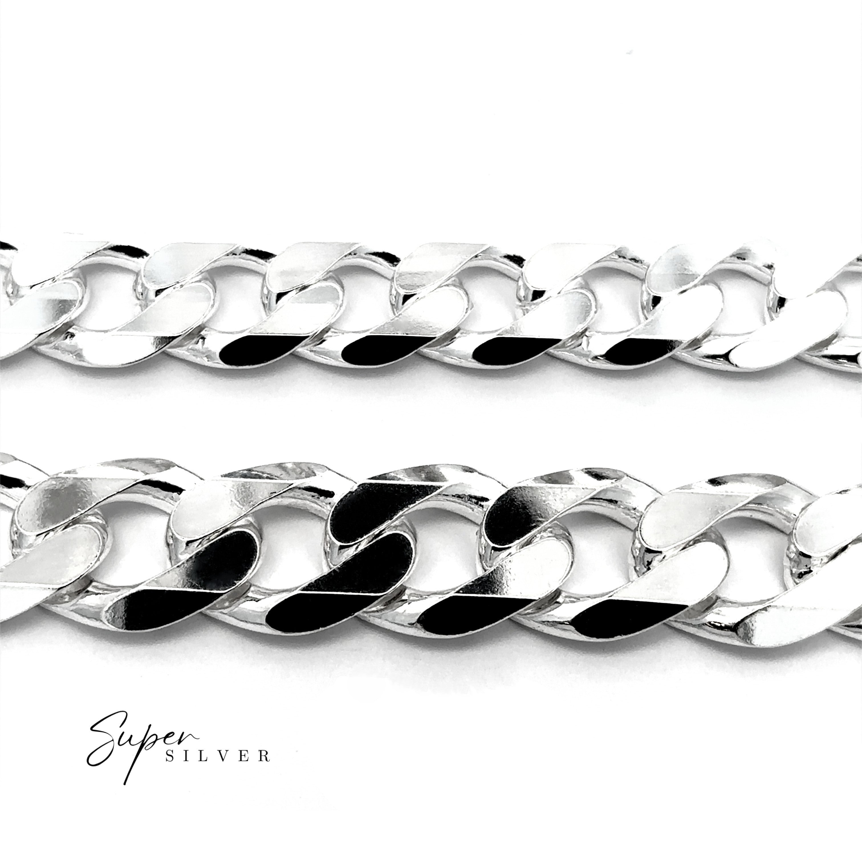 Close-up of two Massive Italian Curb Chains on a white background, with "Super Silver" in the bottom left. Ideal for those wanting a bold men's silver bracelet or a statement sterling silver necklace.
