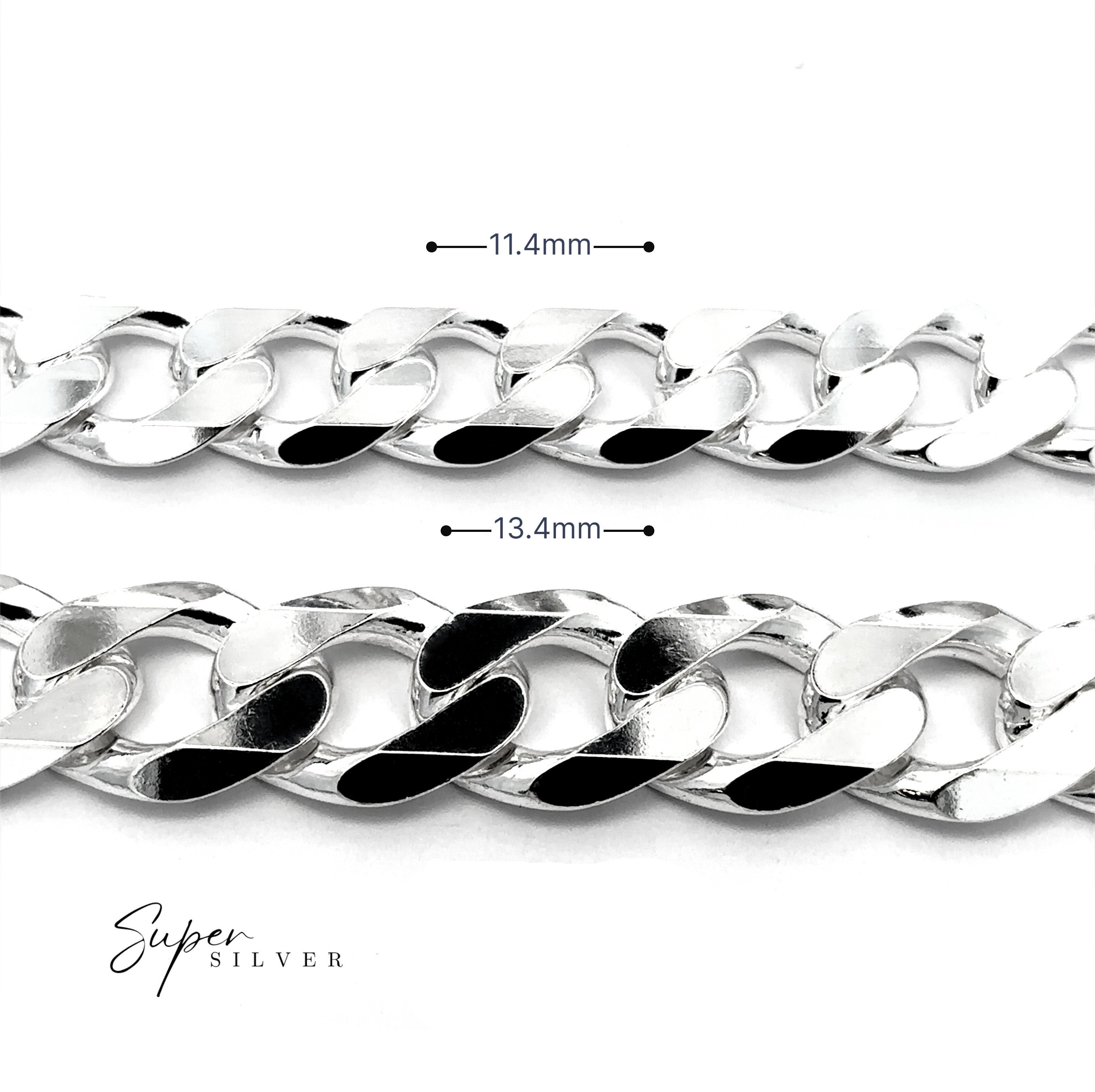 Two Massive Italian Curb Chains are shown horizontally: the top is an 11.4mm sterling silver chain, the bottom a 13.4mm oversized Italian curb chain. The "Super Silver" logo is in the bottom left corner.