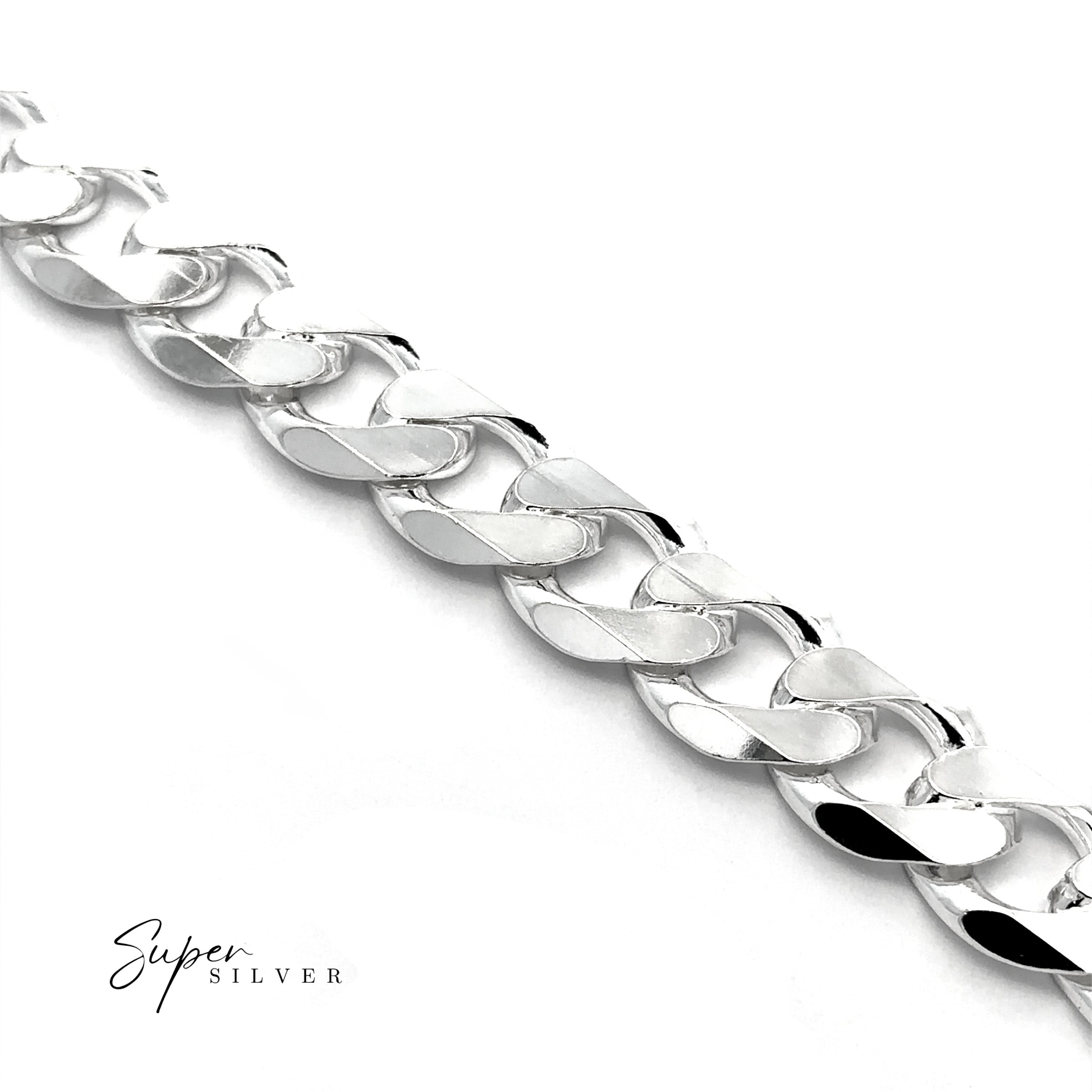Close-up of a men's silver bracelet from the Massive Italian Curb Chains collection on a white background, with "Super Silver" displayed in the lower left corner.