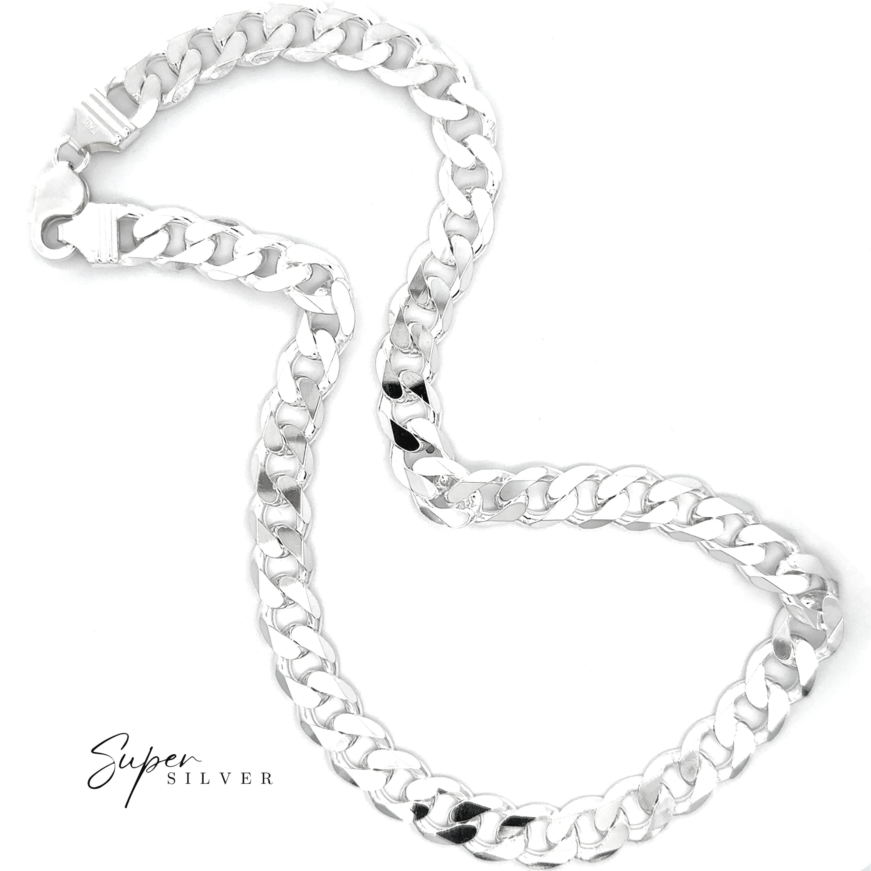 A thick, oversized sterling silver necklace from Massive Italian Curb Chains with a lobster clasp is displayed on a white background, featuring "Super Silver" in the bottom left corner.