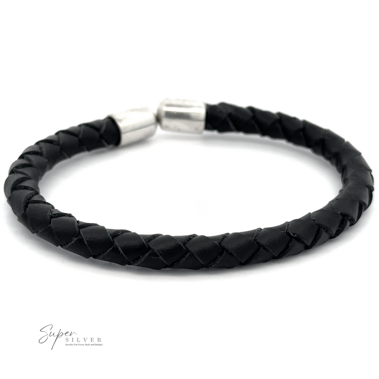 Black Braided Leather Bracelet with silver-tone caps, displayed on a plain white background. The "Super Silver" logo is visible in the bottom left corner, highlighting this stylish men's accessory.